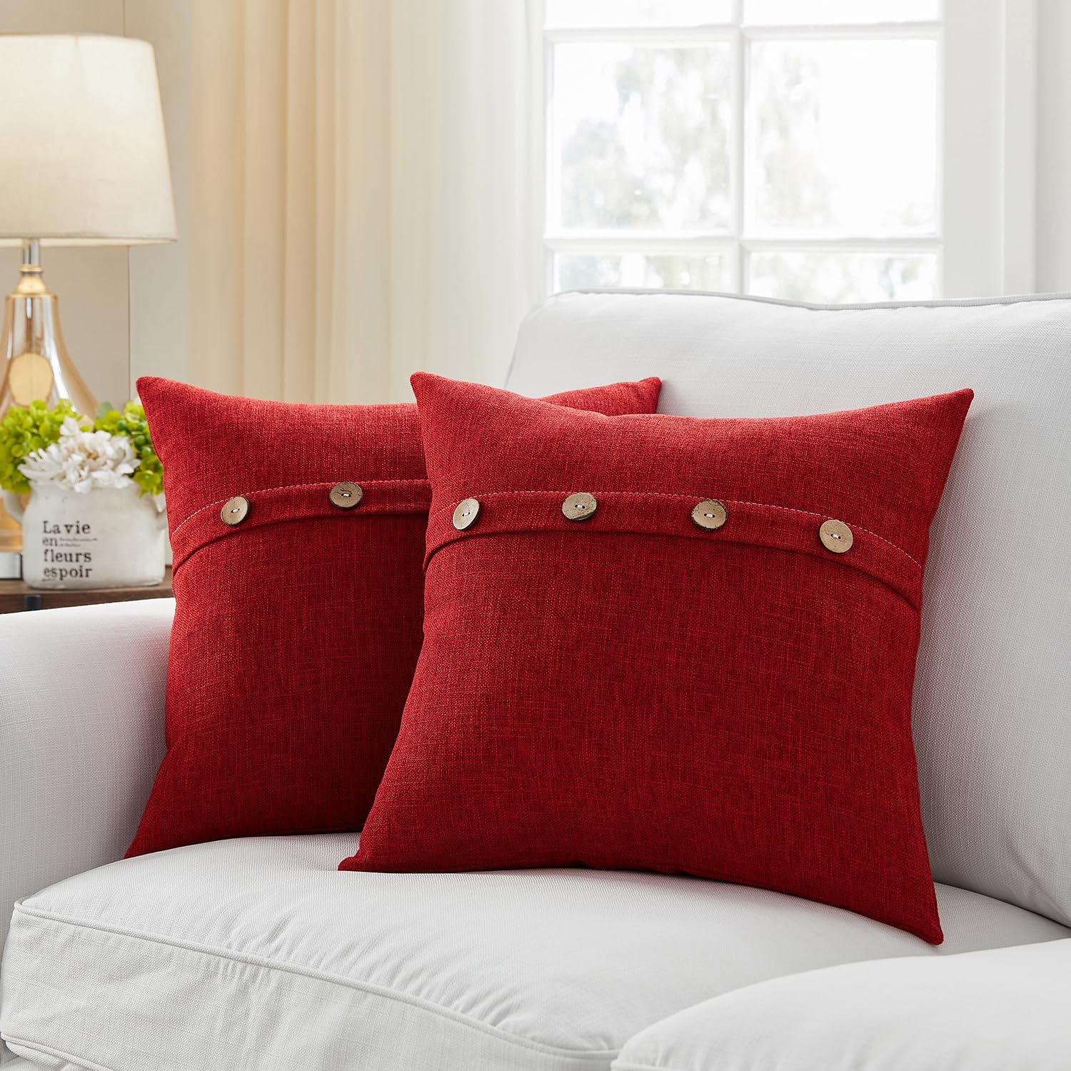 Meekio Set Of 2 Christmas Pillow Covers 18 X 18 For Christmas Decorations Farmhouse Pillow Covers With Coconut Buttons