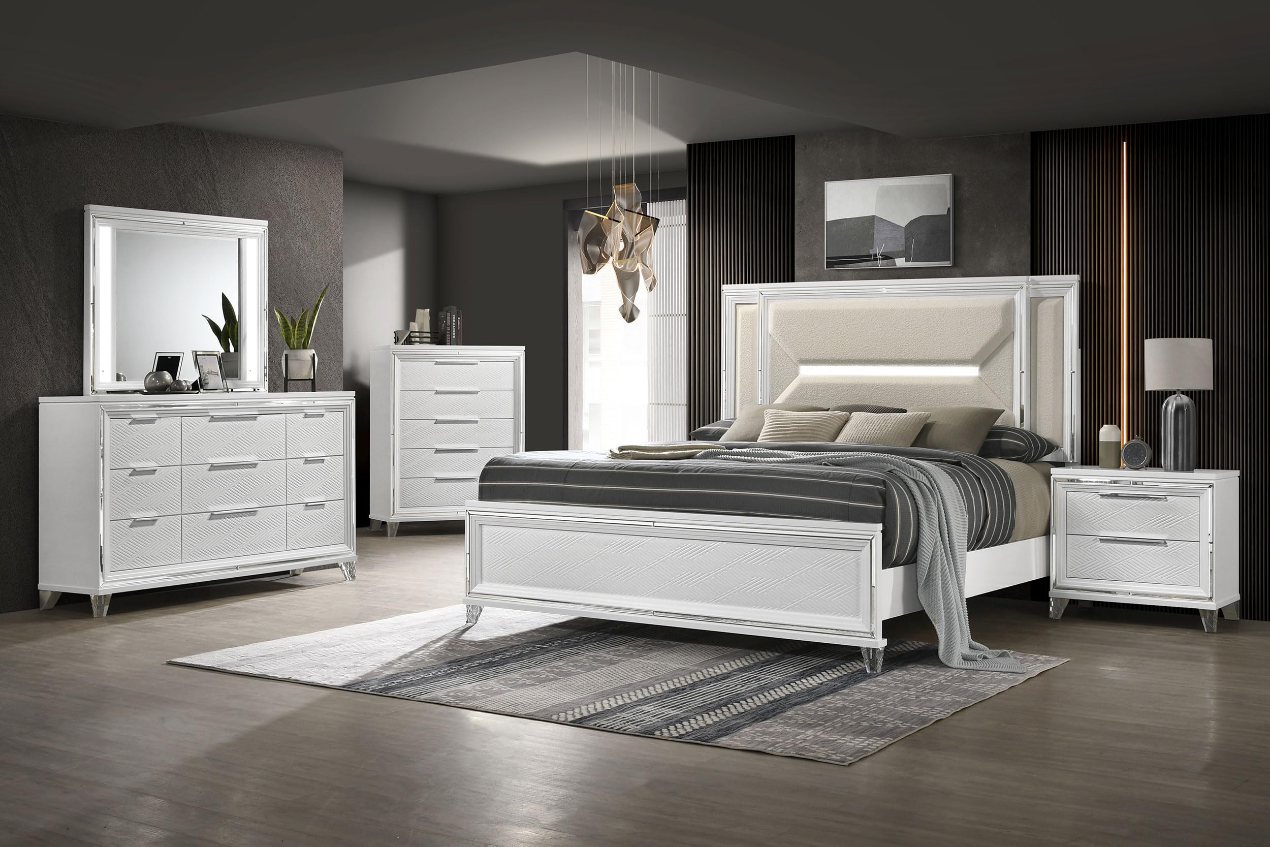 Coaster Home Furnishings Marmore Contemporary 5-Piece Bedroom Set Boucle Upholstered Eastern King Size LED Panel Bed Frame 64-inch Headboard White 224961KE-S5