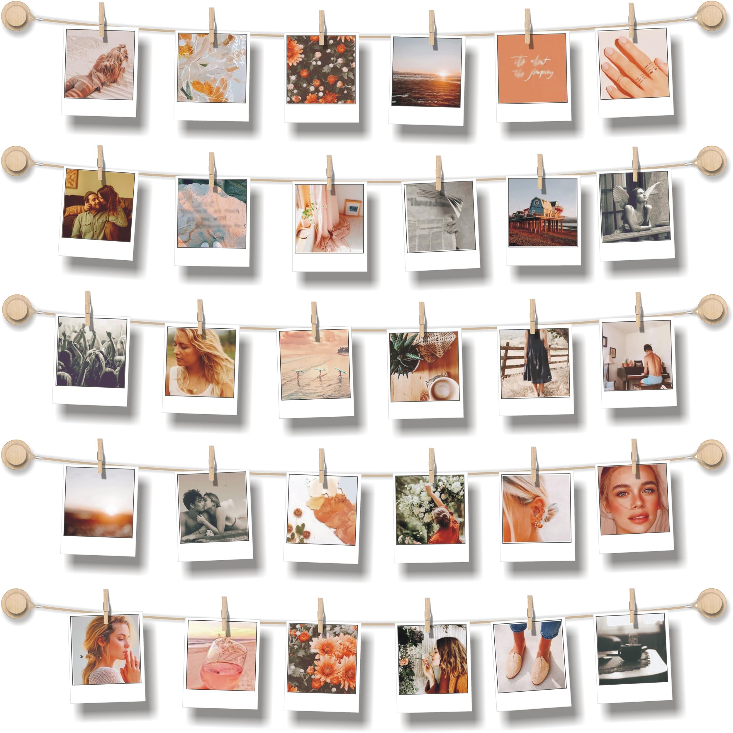 BIZYAC Hanging Photo Display Room Wall Decor - Sculptural Picture Frames Collage - 5 Strings with 30 Clips - 3M Self Adhesive Ho