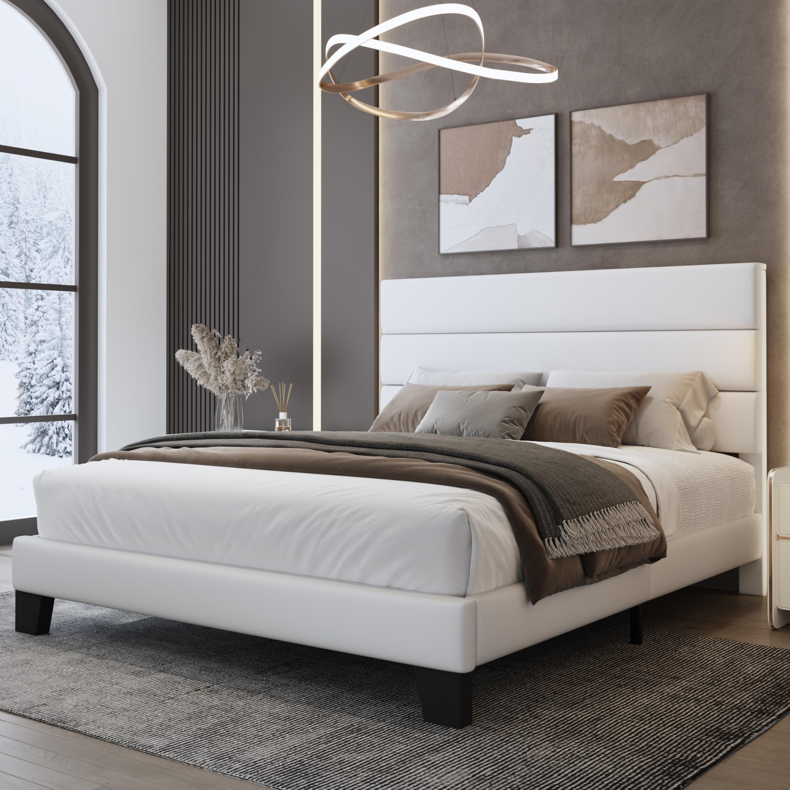 Weeway Queen Bed Frame Platform Bed With Velvet Upholstered Headboard And Wooden Slats Support, Heavy Duty Mattress Foundation, No Box Spring Needed, Easy Assembly, White