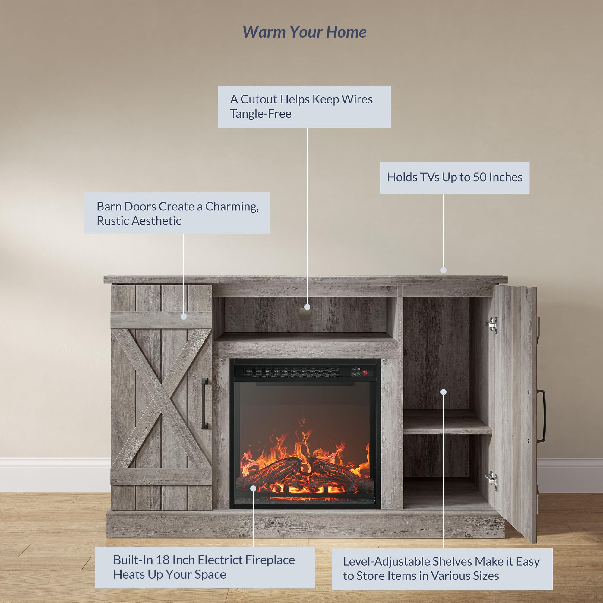 Belleze 47' Tv Stand With 18' Electric Fireplace Heater & Media Entertainment Center Console Table For Tv Up To 50' With Open Storage Shelves & Cabinets - Veropeso (Grey Wash)