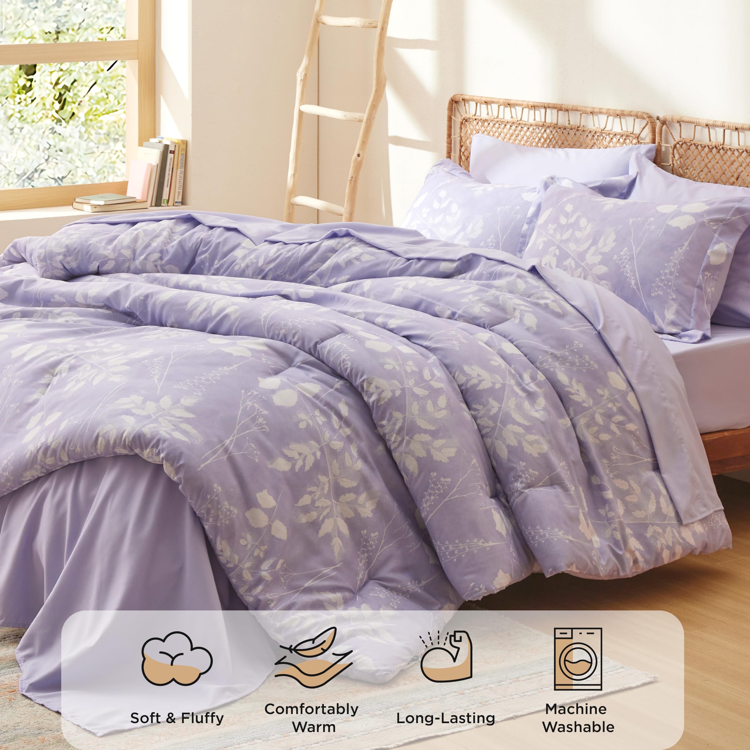 Bedsure Light Purple Twin Comforter Set - 5 Pieces Floral Lavender Bedding Sets, Twin Bed In A Bag With Reversible Botanical Flowers Comforter, Sheets, Pillowcases & Shams