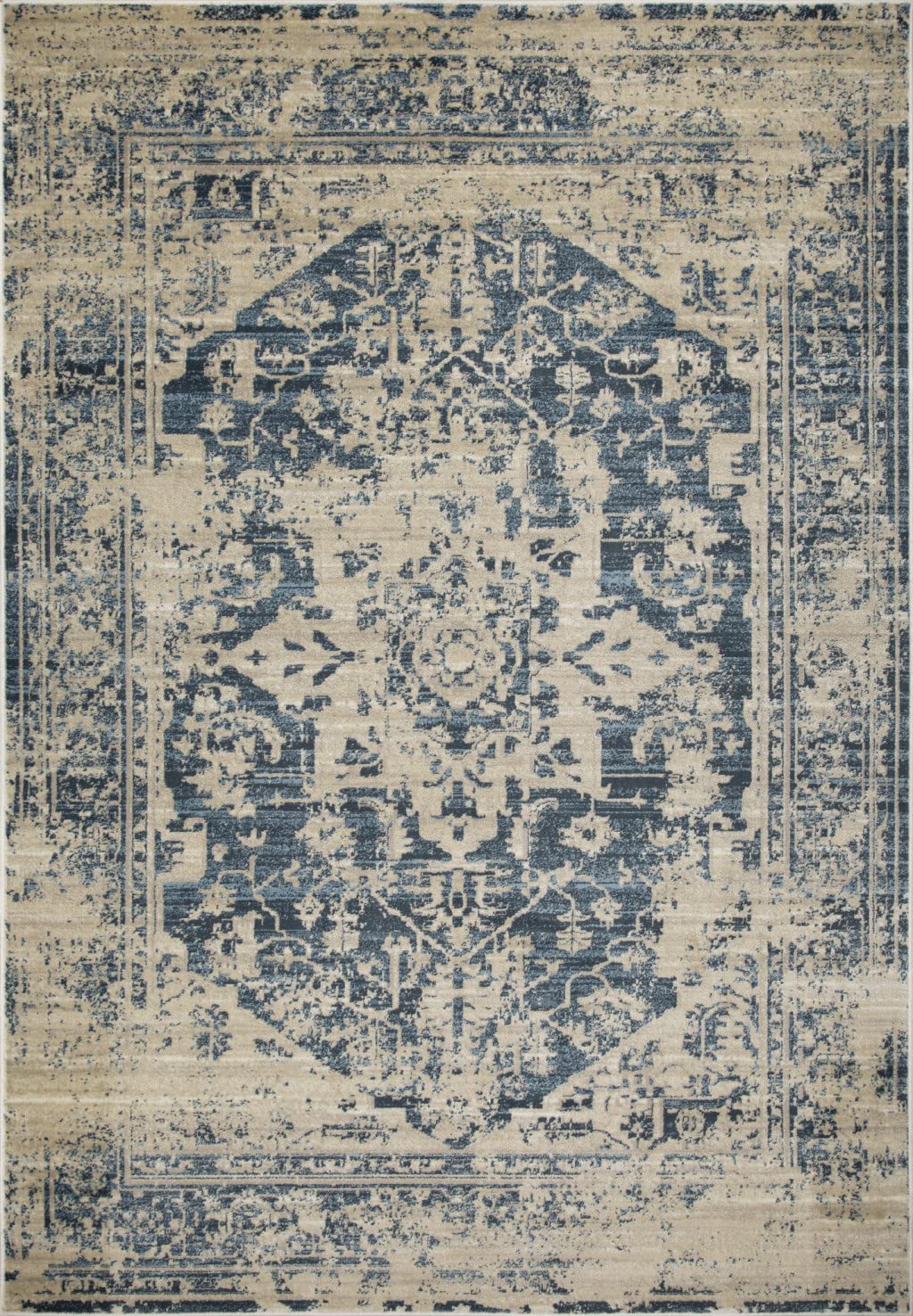 HomeRoots Ivory Heat-Set Polypropelene 5’ x 8’ Beige Blue Distressed Medallion Area Rug