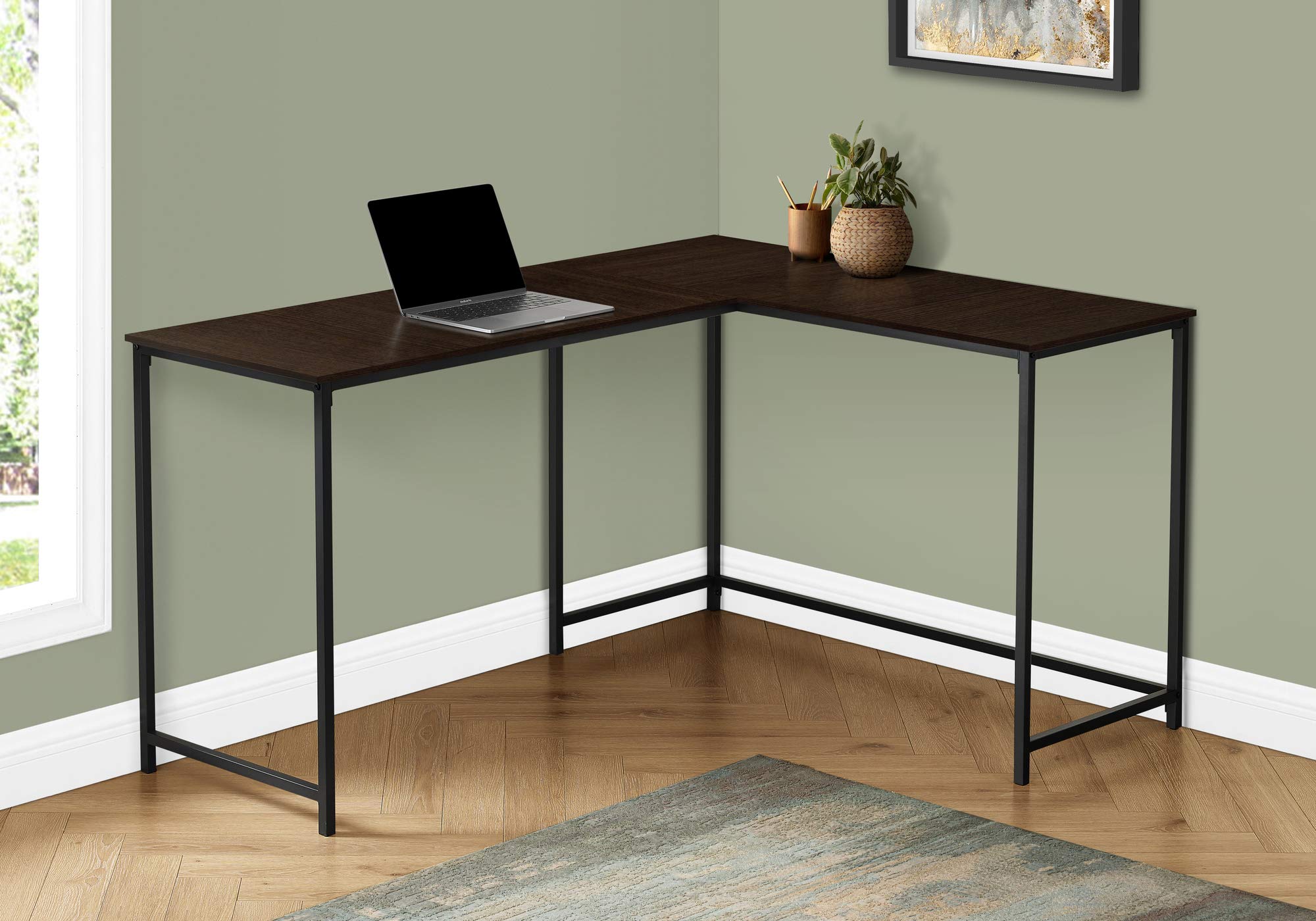 Monarch Specialties I 7390 Computer Desk, Home Office, Corner, 58' L, L Shape, Work, Laptop, Metal, Laminate, Brown, Black, Contemporary, Modern