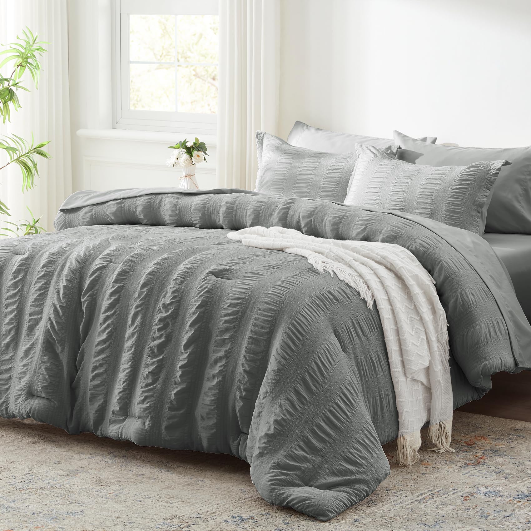 Zzlpp King Comforter Set 7 Pieces, Grey Seersucker Bed In A Bag With Comforter And Sheets, All Season Bedding Sets With 1 Comfor