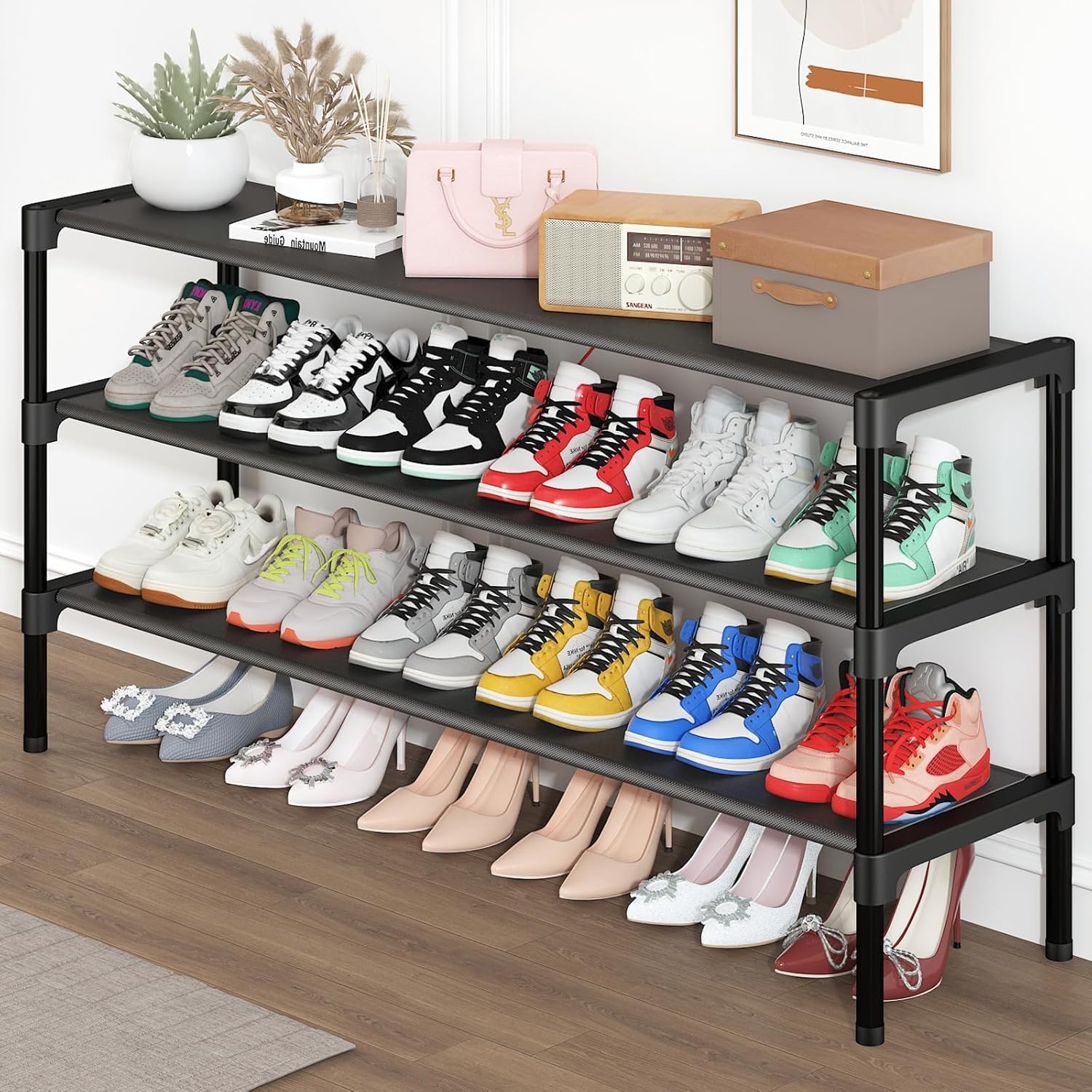 Long Shoe Rack-Shoe Organizer 3 Tier Shoe Rack for Closet Front Door Entryway Garage, Stackable Free Standing and Freely Combina