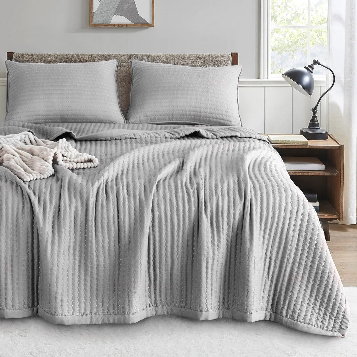 Kasentex Gull Grey Twin Size Quilt Bedding Set With Pillow-Shams, Lightweight Soft Bedspread, Durable Quilted Blanket Thin Comfo