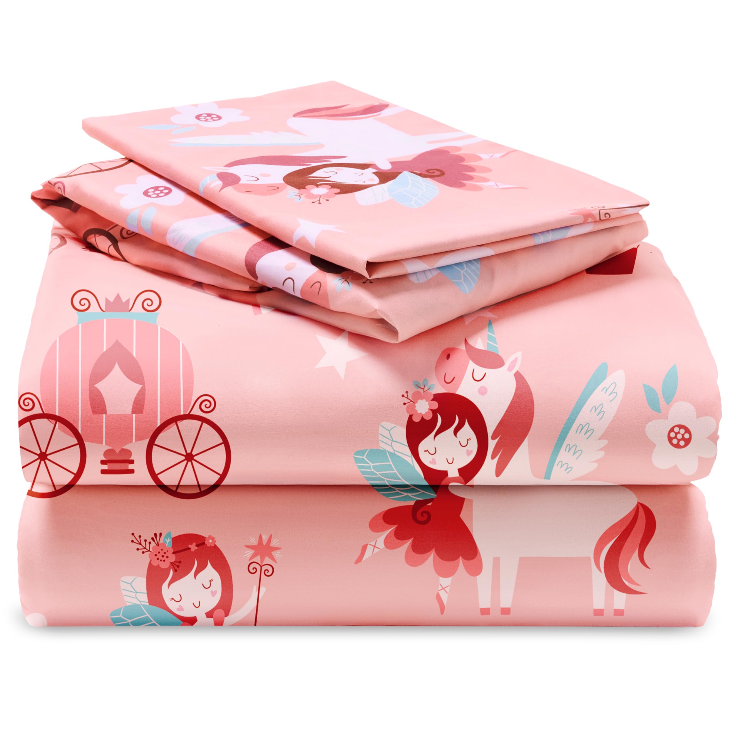 Joiedomi Kids Full Sheet Set Princess & Unicorn - 4 Piece Soft Microfiber Bed Sheets - Deep Pocket Wrinkle Free, Cozy Toddler Be