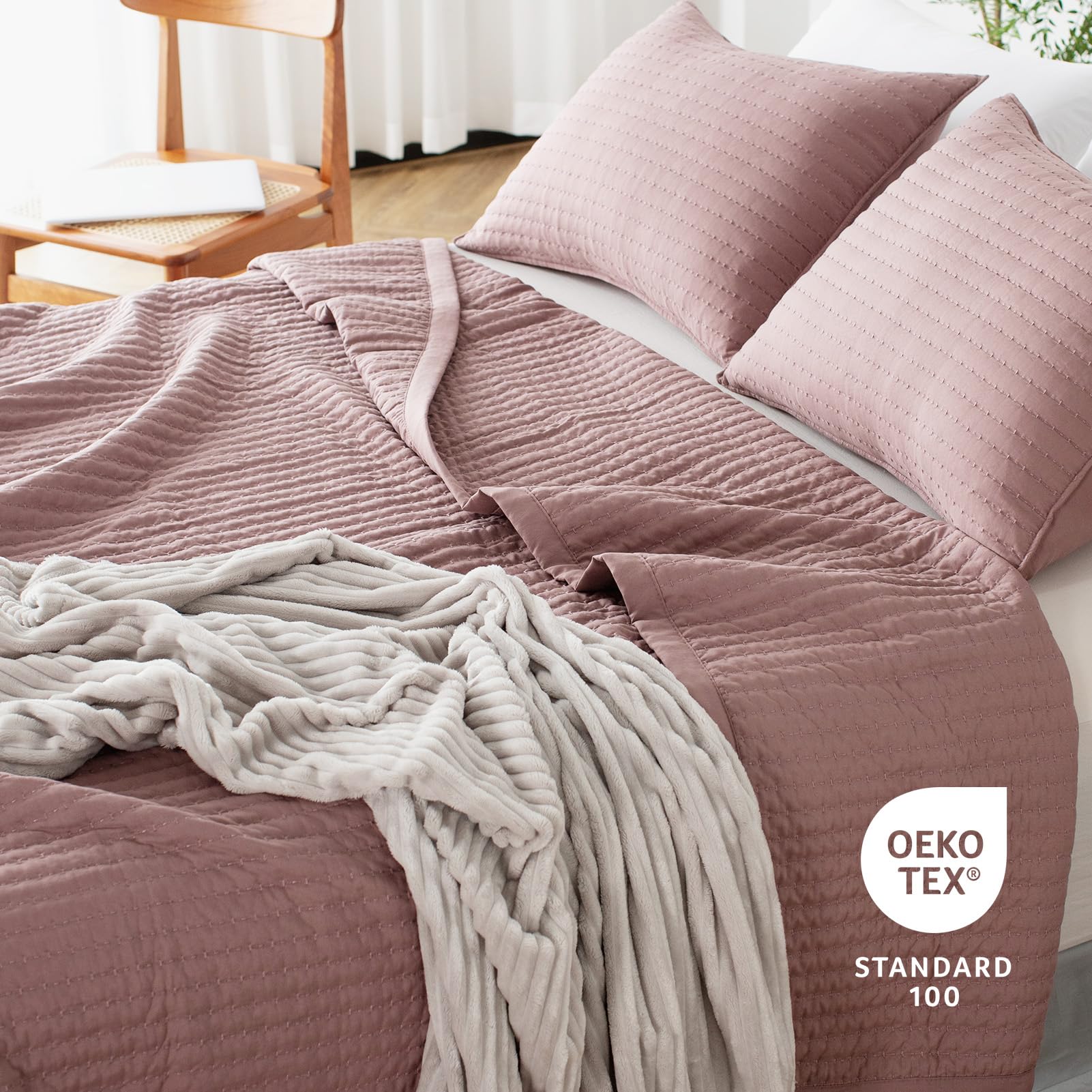 Kasentex Purple Mauve Oversized Queen Size Quilt Bedding Sets With Pillow-Shams, Lightweight Soft Bedspread, Durable Stitched -