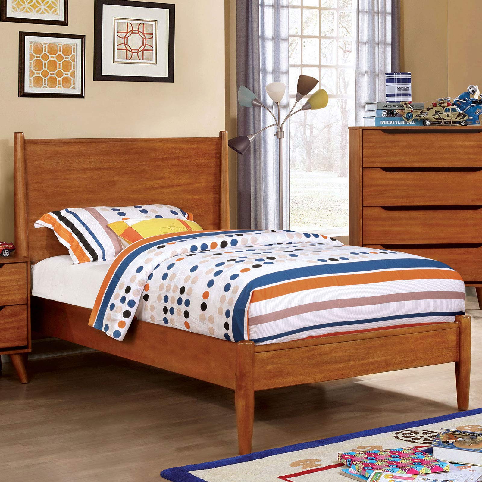 Benjara Wooden Transitional Twin Bed With Round Tapered Legs, Brown