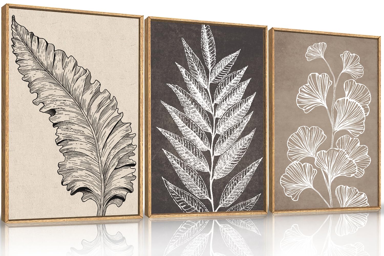 HOURIA Botanical Leaf Framed Canvas Wall Art Set,Modern Natural Leaves Wall Decor,Vintage Minimalist Floral Wall Painting, Abstr