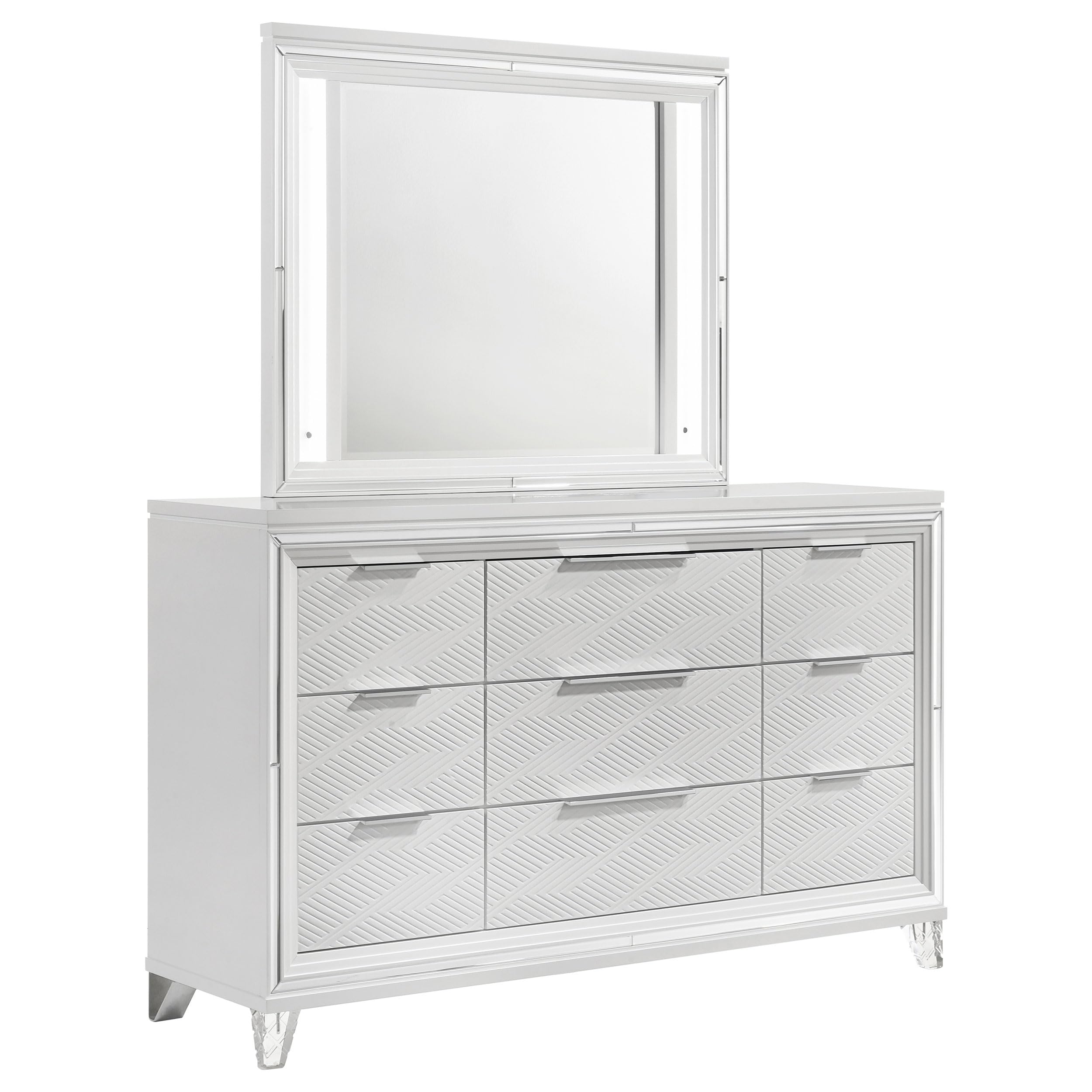 Coaster Home Furnishings Marmore Contemporary 64-inch 9-Drawer Bedroom Dresser with Mirror Bedroom Clothing Storage Cabinet Wide Chest of Drawers Organizer Unit White 224963M