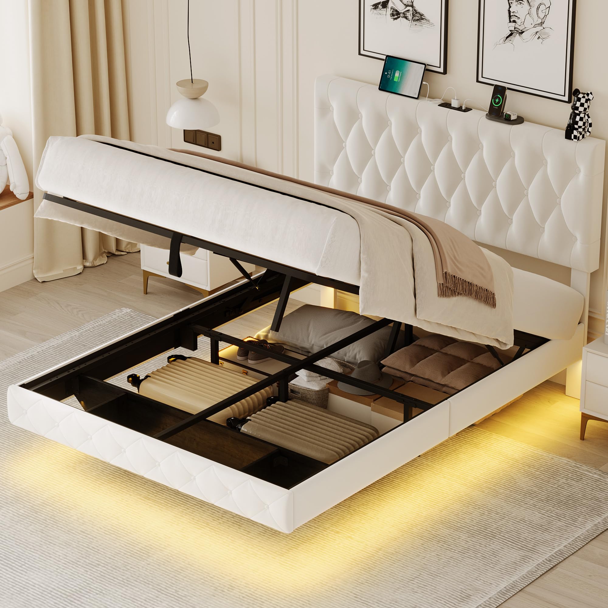 Lift Up Storage Bed Frame Queen Size Floating Bed Frame with Adjustable Headboard/LED Lights/Charging Station/Outlet,Velvet Upho