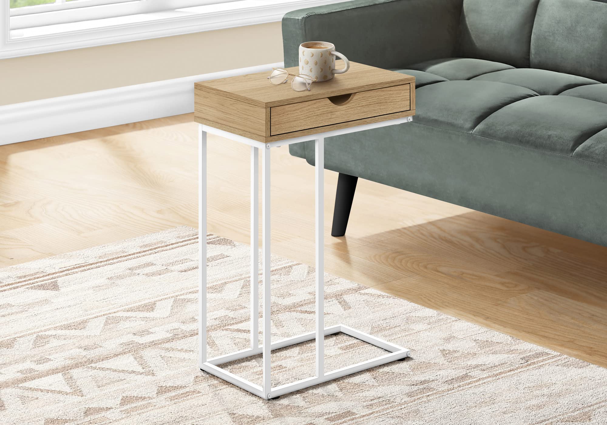 Monarch Specialties 3775 Accent Table, C-shaped, End, Side, Snack, Storage Drawer, Living Room, Bedroom, Metal, Laminate, Natural, White, Contemporary, Modern Table-25, 15.75&quot; L x 9.45&quot; W x 24&quot; H