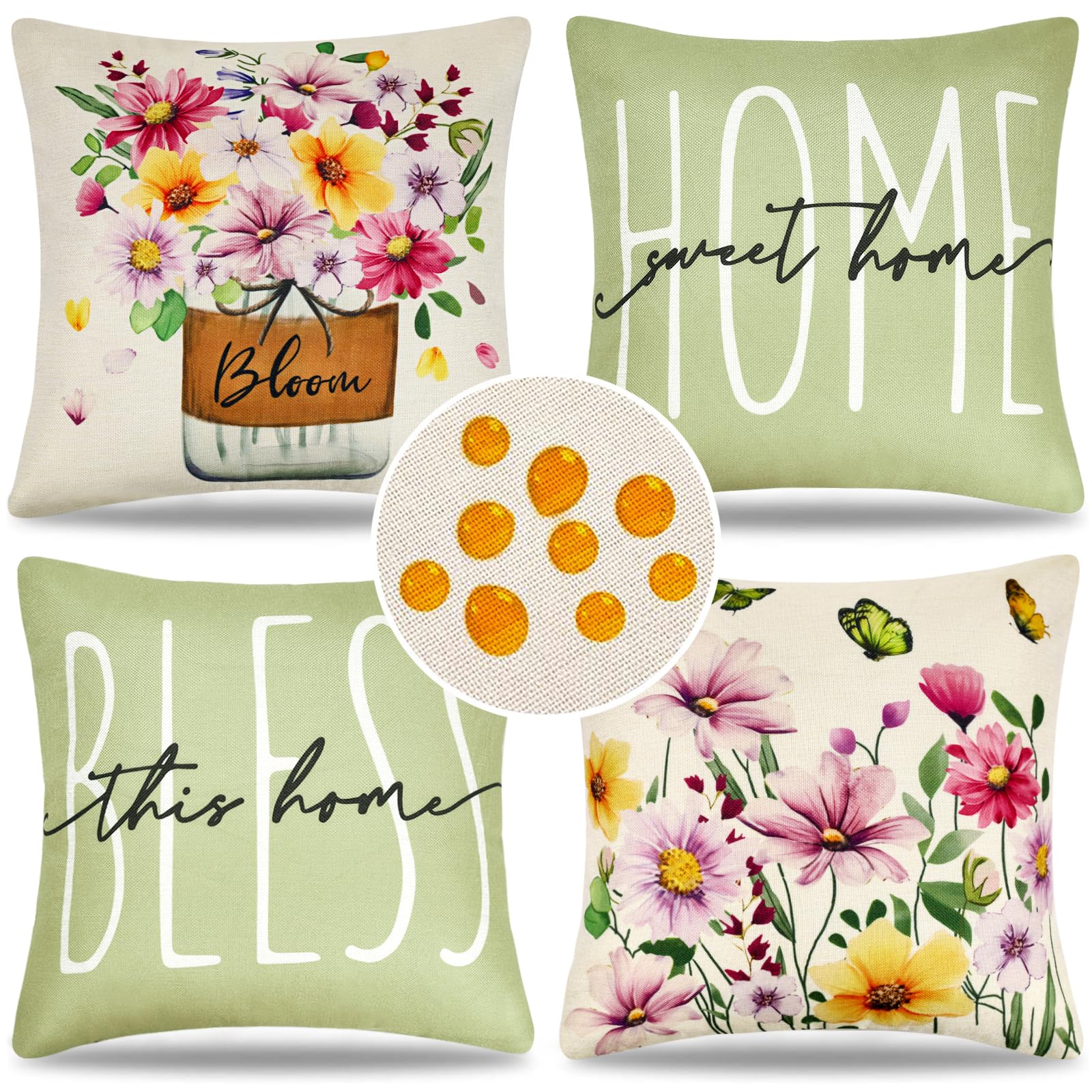 4 Pieces Waterproof Outdoor Cushion Cover Square Linen Spring Summer Flowers Pattern Decorative For Patio Balcony Garden Sofa Of