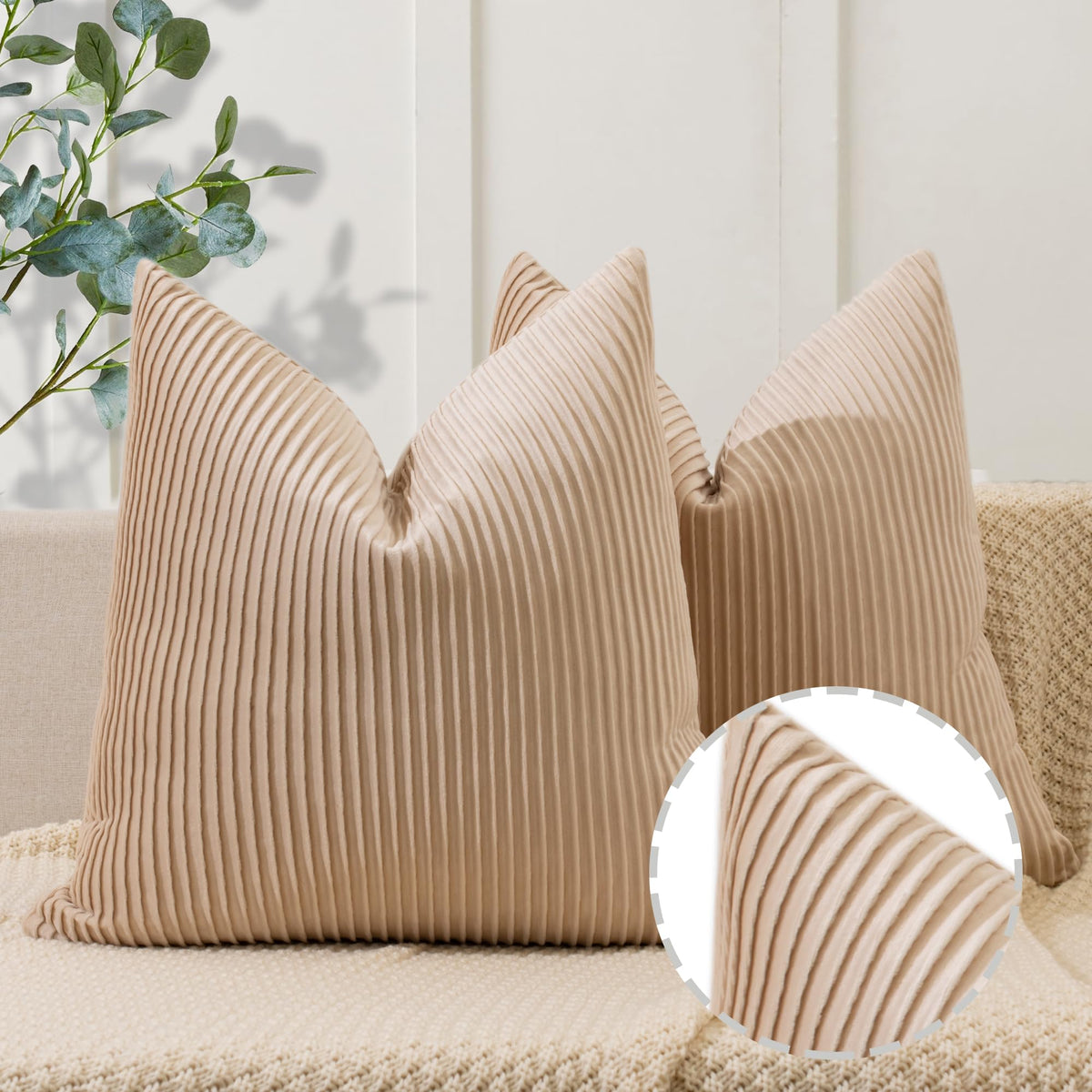 Ycoll Tan Pillow Covers 24X24 Set Of 2 Velvet Striped Pattern - Soft Throw Pillows For Home Decor, Luxury Decorative Pillow Cove