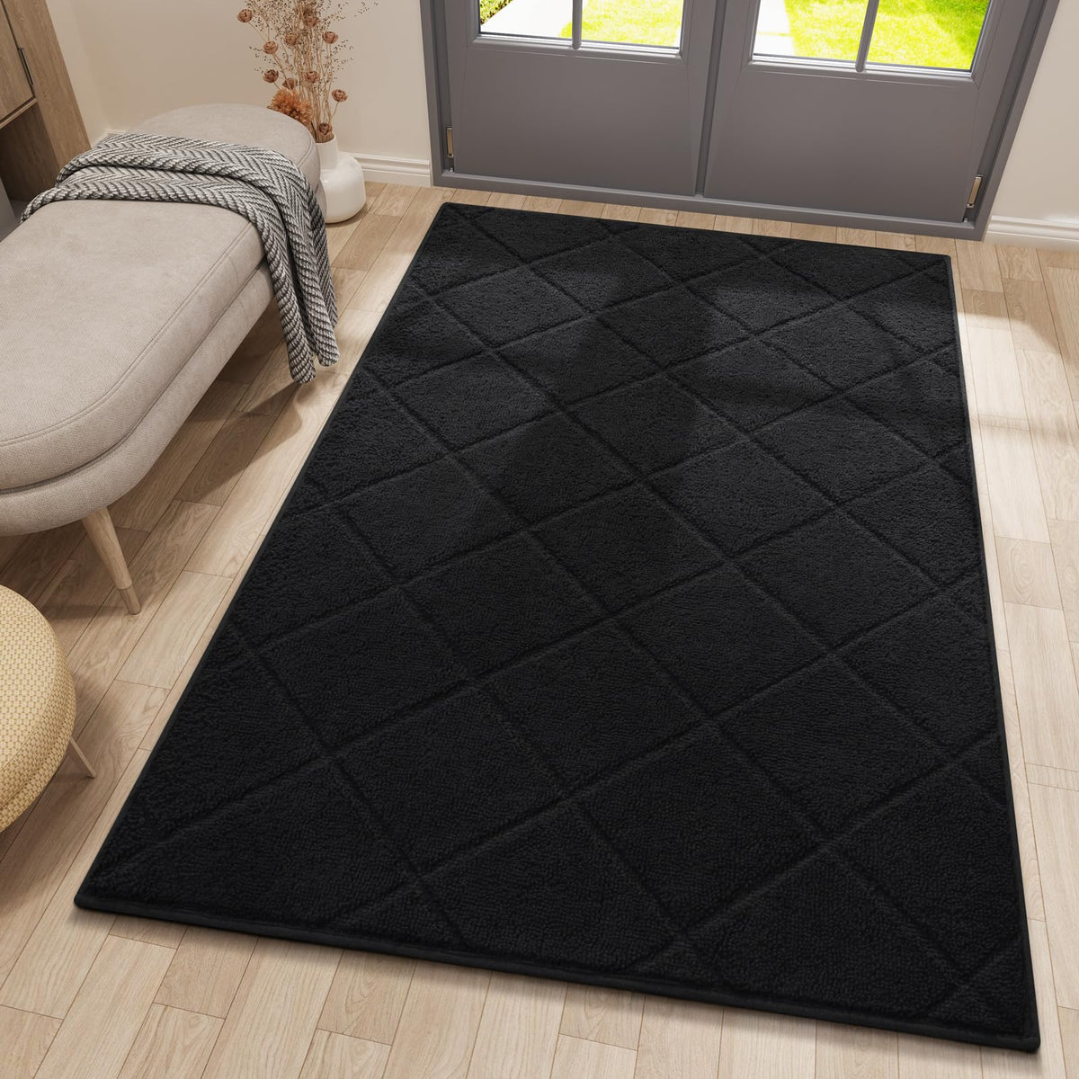 Lochas Black Indoor Door Mat 35X59 Inch, Rubber Backing, Washable Absorbent Chenille Doormat, Low-Profile, Non Slip Microfiber E