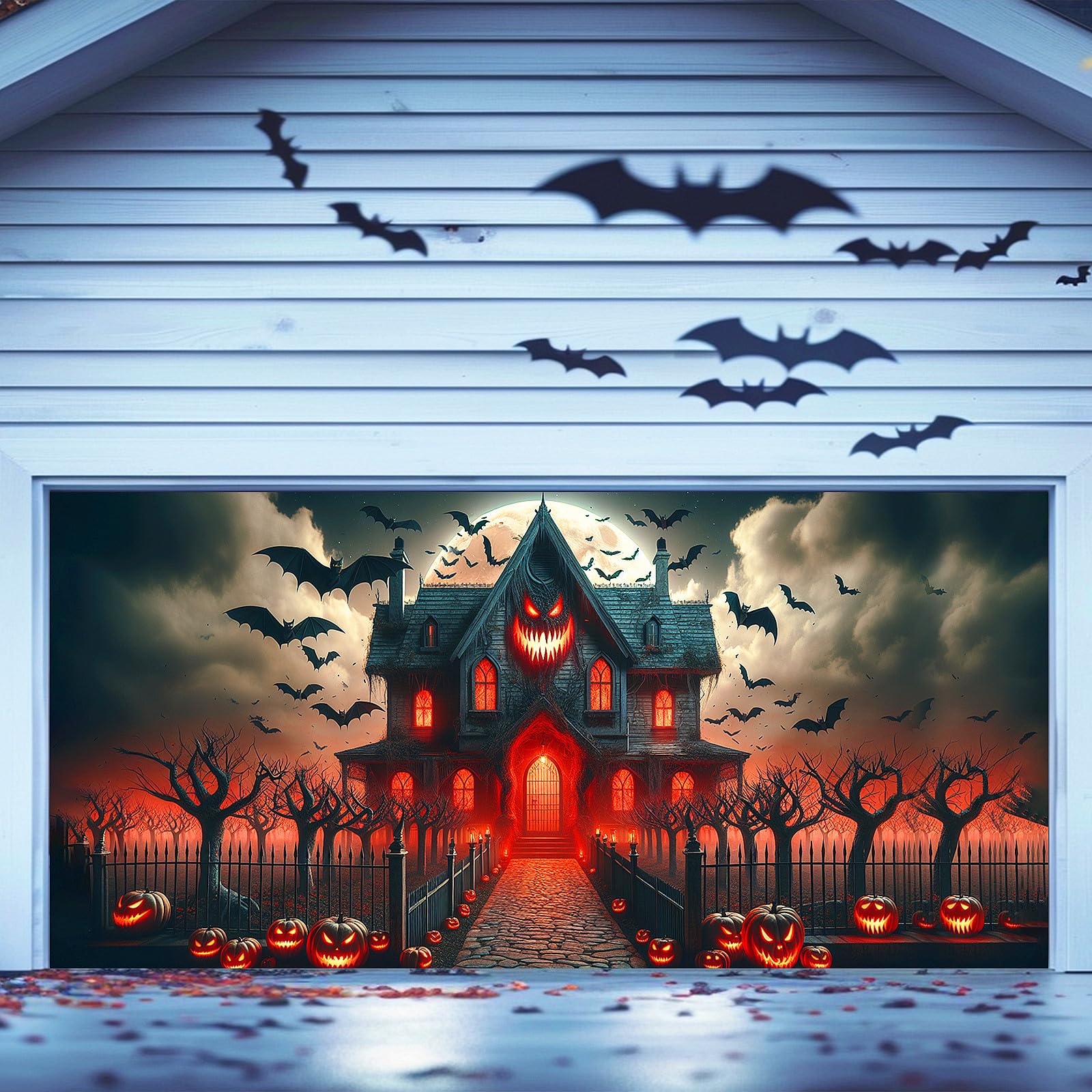 Halloween Garage Door Cover Decorations, Scary Halloween Garage Door Banner Decor Large Garage Door Halloween Mural Backdrop Bac