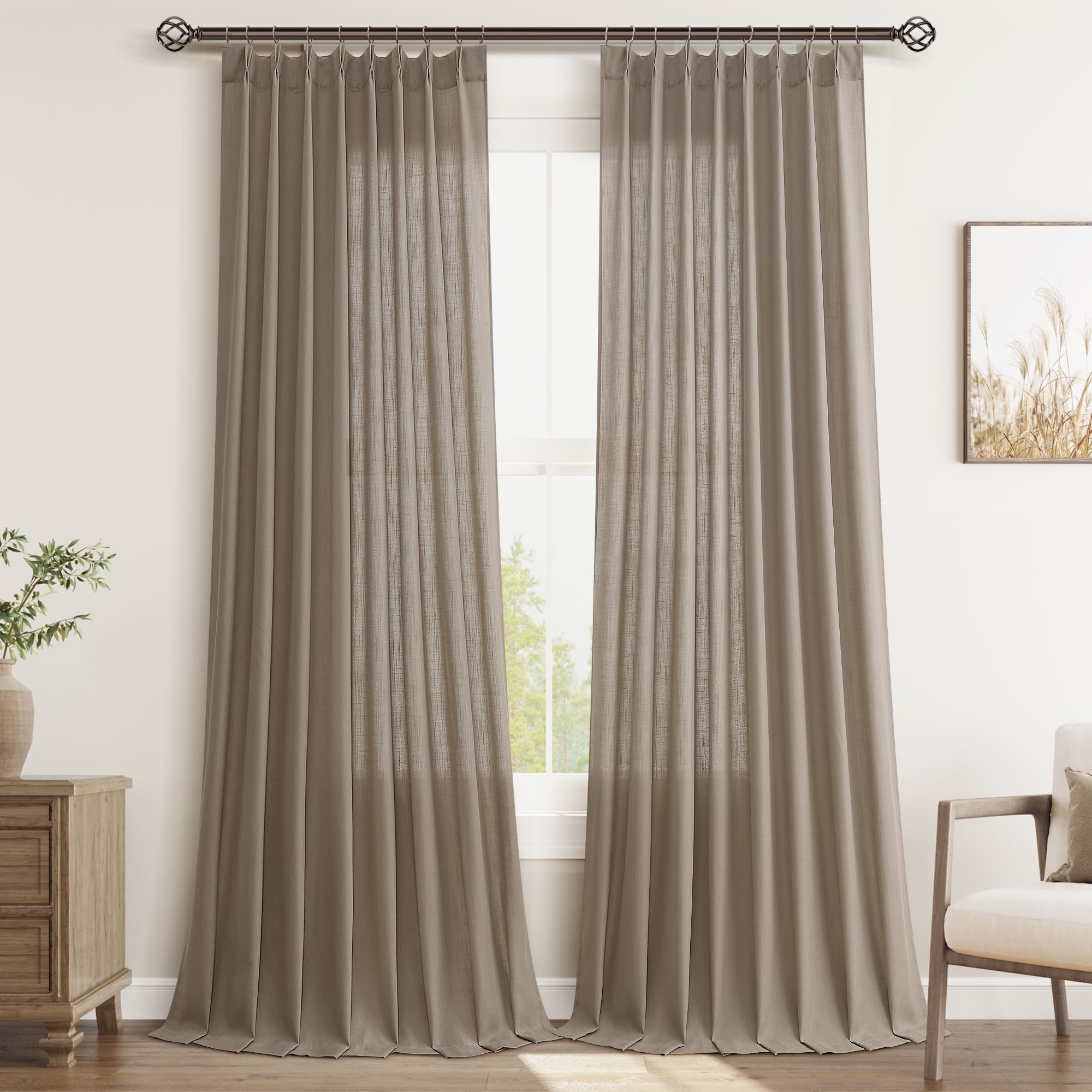 Joywell Linen Pinch Pleated Window Curtains 120 Inch Long,Back Tab Clip Rings Semi Sheer Light Filtering Drapes With Hooks For B