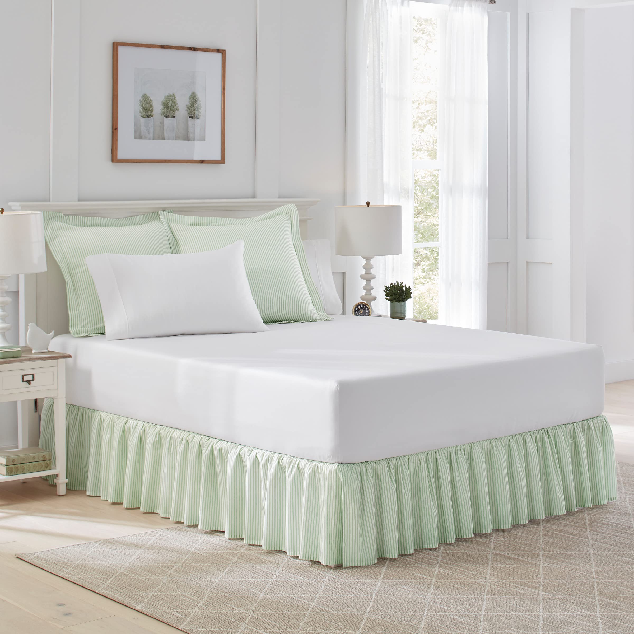 Laura Ashley Home - Cotton Ruffled Bedskirt, Lightweight & Classic Style (Ticking Stripe Green, Twin)