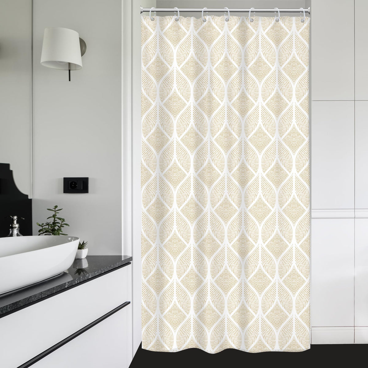 Riyidecor Small Stall RV Beige White Shower Curtain Narrow Boho Abstract Modern Geometric Minimalist Single Half 36Wx72H Inch Si