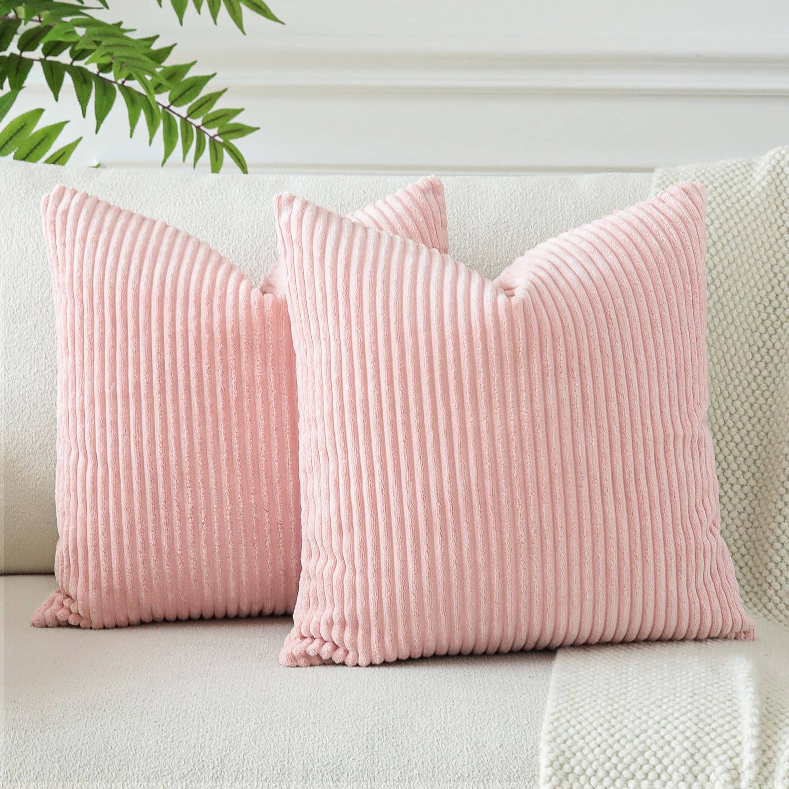 Otostar Corduroy Boho Decorative Throw Pillow Covers 24 X 24 Inch Soft Striped Cushion Case Home Farmhouse Decor Pillowcase For Couch Sofa Bedroom Decorative Pillow Covers Set Of 2 (Pink)