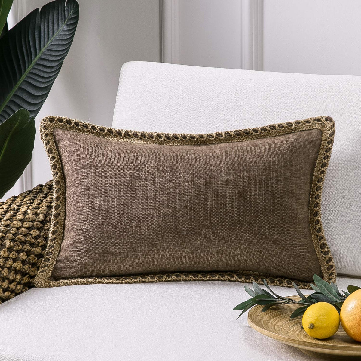 Phantoscope Farmhouse Throw Decorative Pillow Cover Burlap Linen Trimmed Tailored Edges Outdoor Pillow Geometric-Pattern Coffee