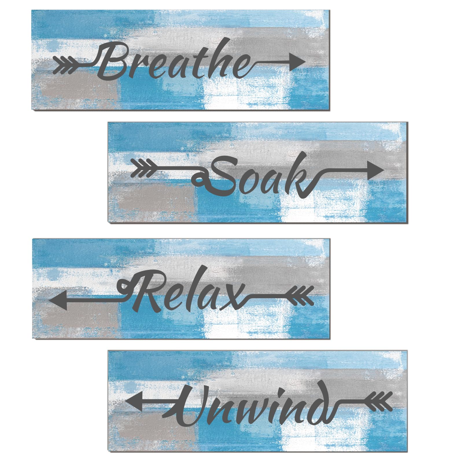 Lnond 4 Pieces Blue and Grey Abstract Bathroom Wall Art, Relax Soak Unwind Breathe Bathroom Signs Decor, Wood Hanging Bathroom W