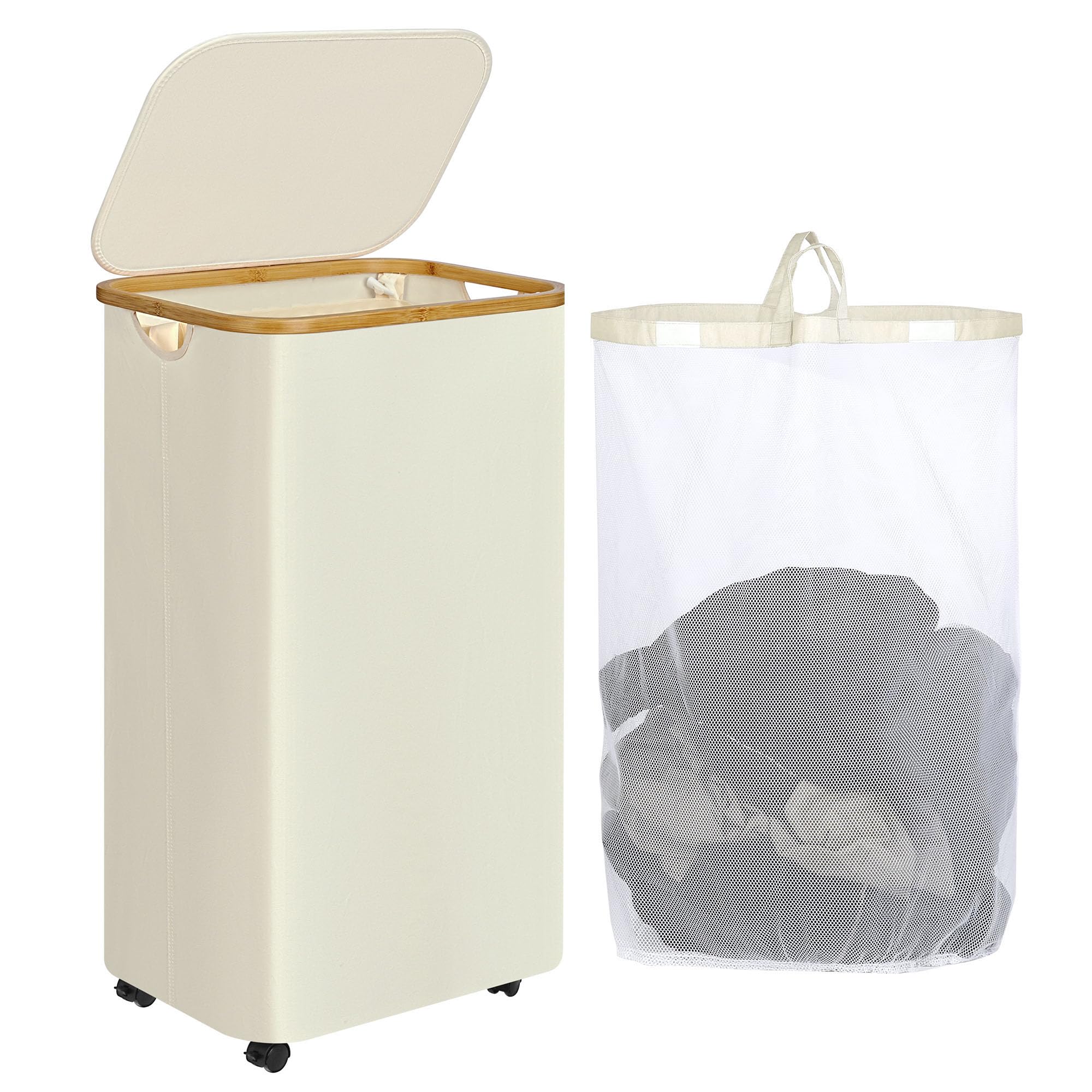 iEGrow Laundry Basket with Wheels, 110L Beige Clothes Hamper for Laundry, Laundry Hamper with Lid and Inner Bag, for Laundry Roo