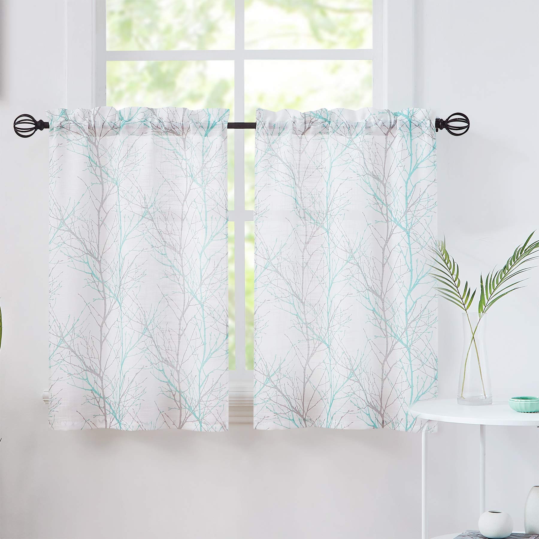 FMFUNCTEX Aqua Tree Print Tiers Curtains 24 inches Long Small Window Curtain Set for Bathroom Basement Grey White Branch Caf   C