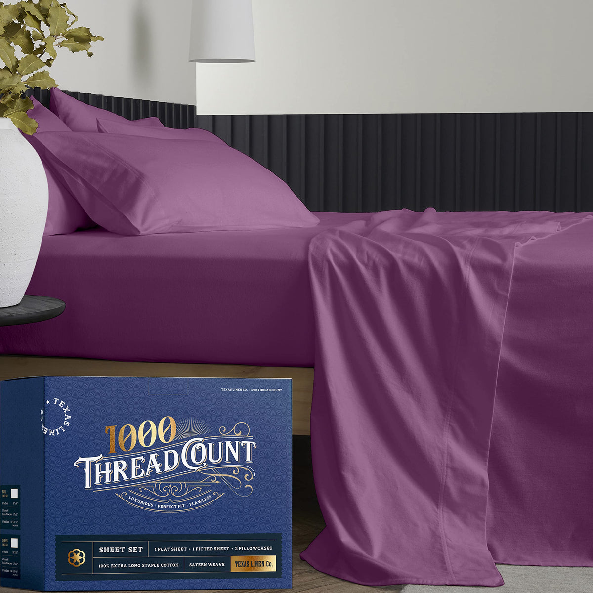Texas Linen Co. Pure King Size Cotton Bed Sheets Set (King, 1000 Thread Count) Plum Sheets And Pillow Cases (4 Pc) - Cotton Shee