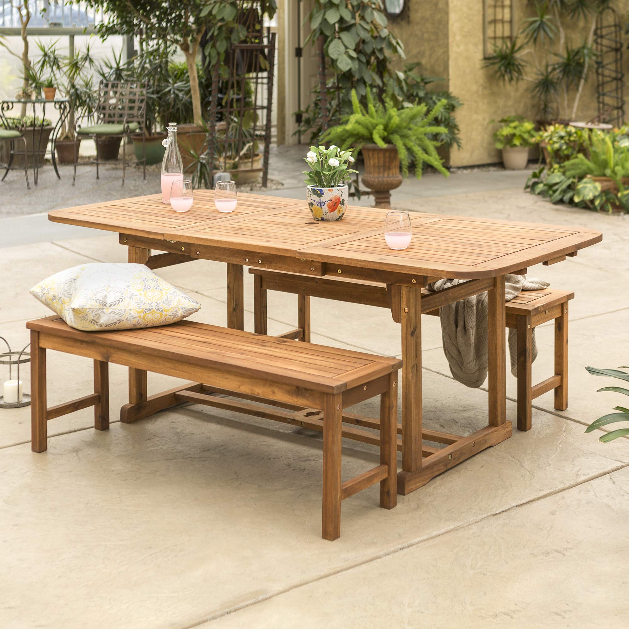 Walker Edison Maui Modern 3 Piece Solid Acacia Wood Slatted Patio Dining Table And Bench Set, Set Of 3, Brown