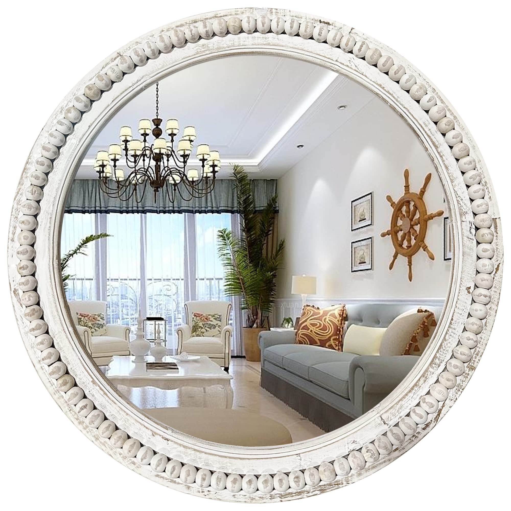 dwellington Rustic Round Wall Mirror, 24 Inch Wood Circle Mirror with Beads, Decorative Farmhouse Mirror for Living Room, Bedroo
