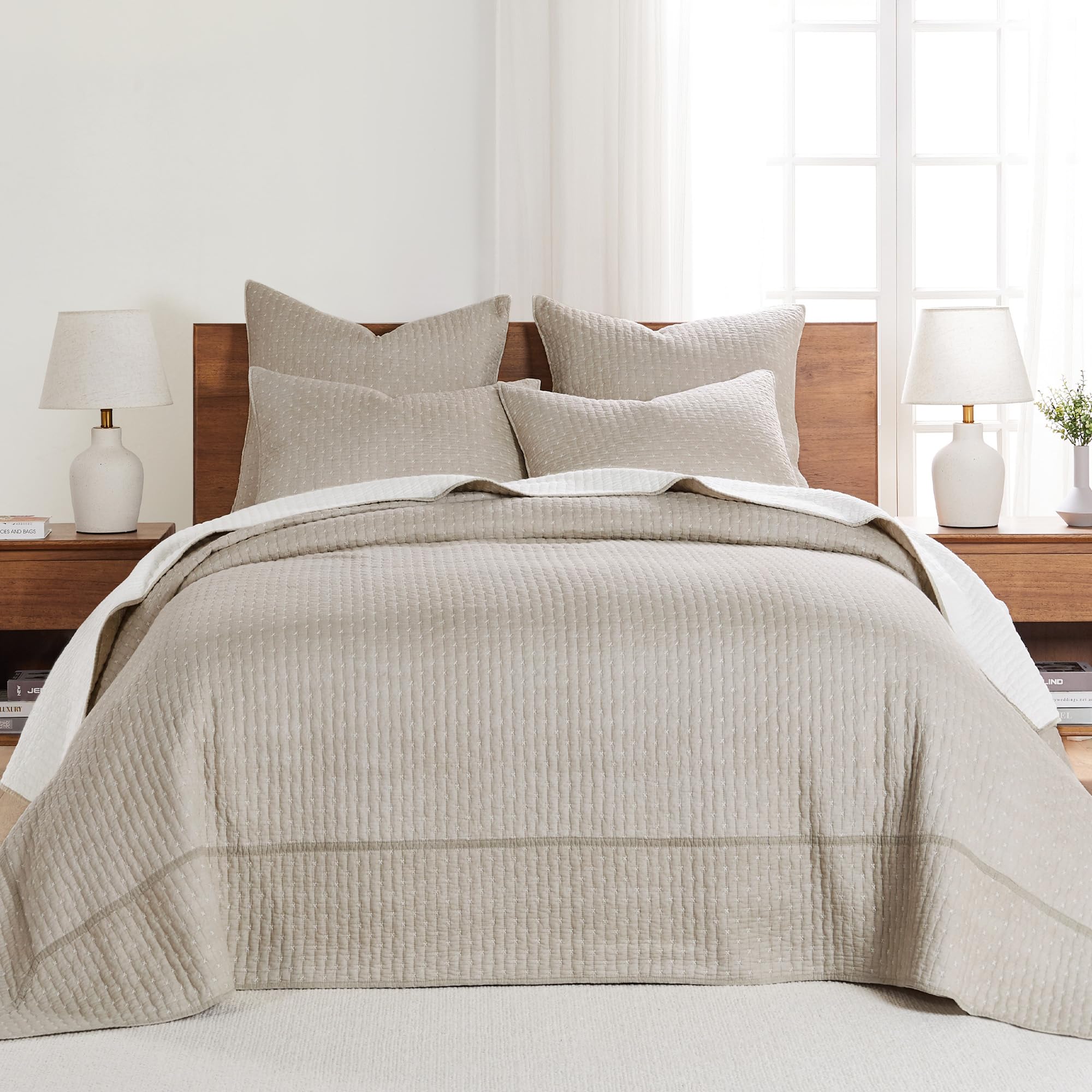 Levtex Home - Cross Stitch Taupe Bedspread Set - Twin Quilted Bedspread And One Standard Sham - Cross Stitch Pattern - Bedspread