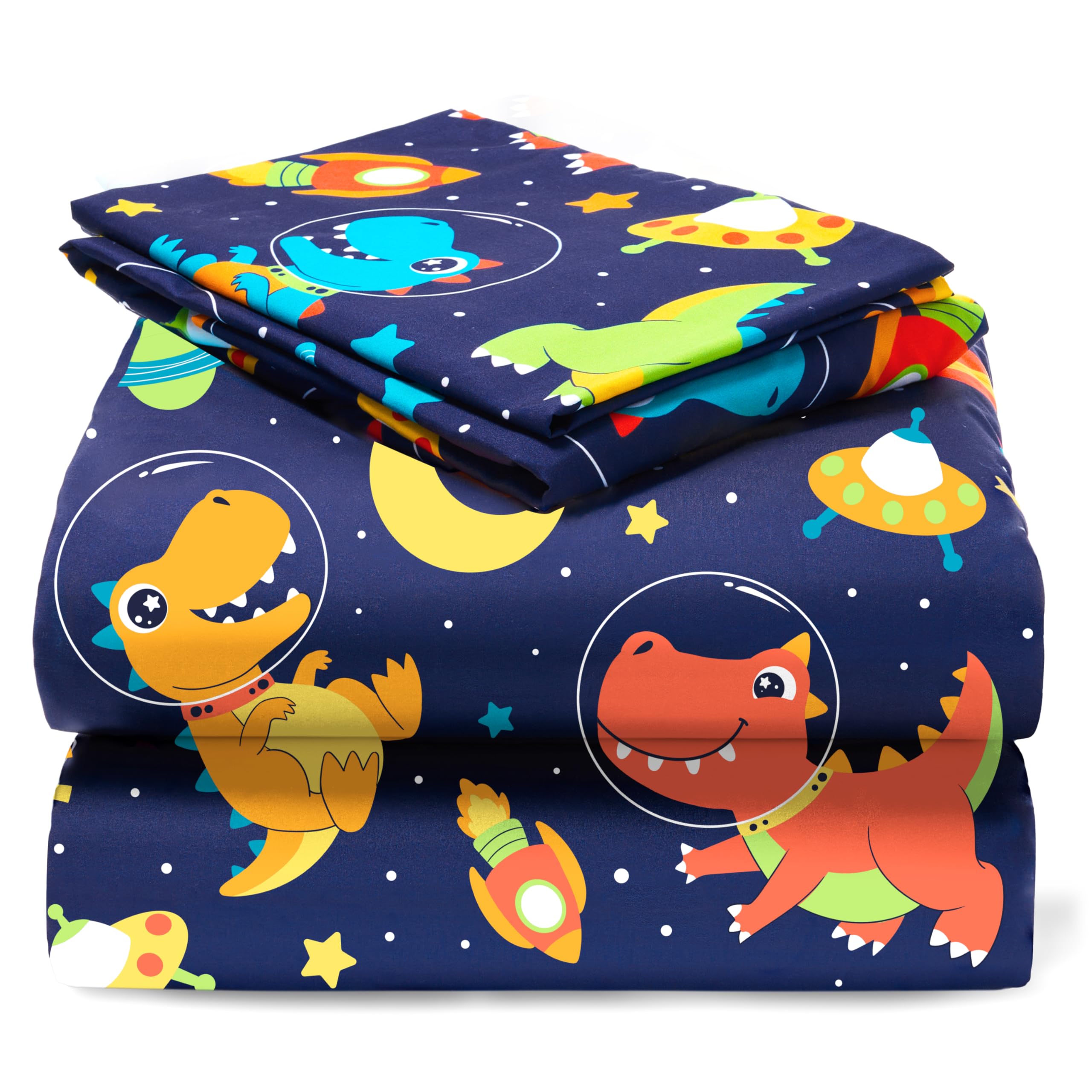 Joiedomi Kids Twin Sheet Set Space Dinosaur - 3 Piece Soft Microfiber Bed Sheets - Deep Pocket Wrinkle Free, Cozy Toddler Beddin