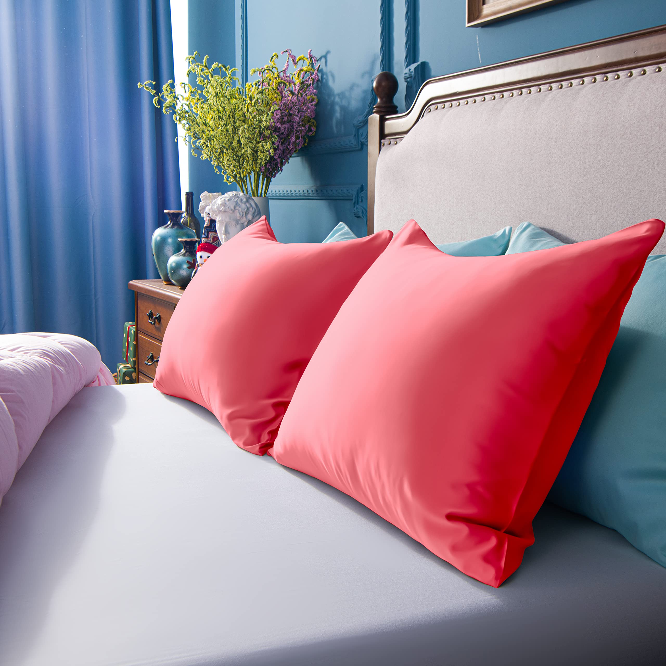 Ntbay Zippered Satin Pillow Cases For Hair And Skin, Luxury King Hidden Zipper Pillowcases Set Of 2, 20X36 Inches, Coral Pink