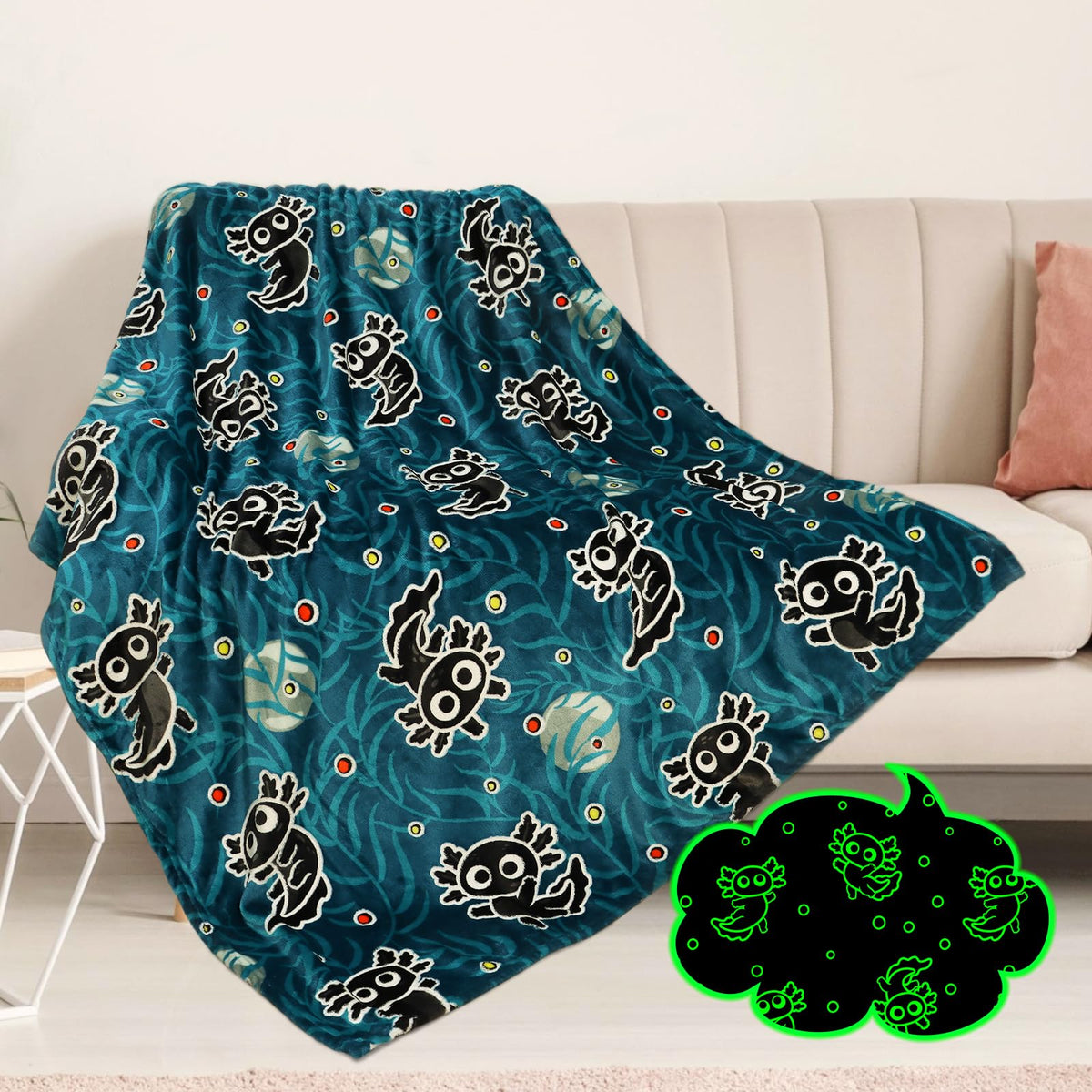 Axolotl Gifts For Kids Axolotl Blanket Glow In The Dark Blanket Cute Animal Salamander Toys Throw Blankets Soft Fleece Bedding B
