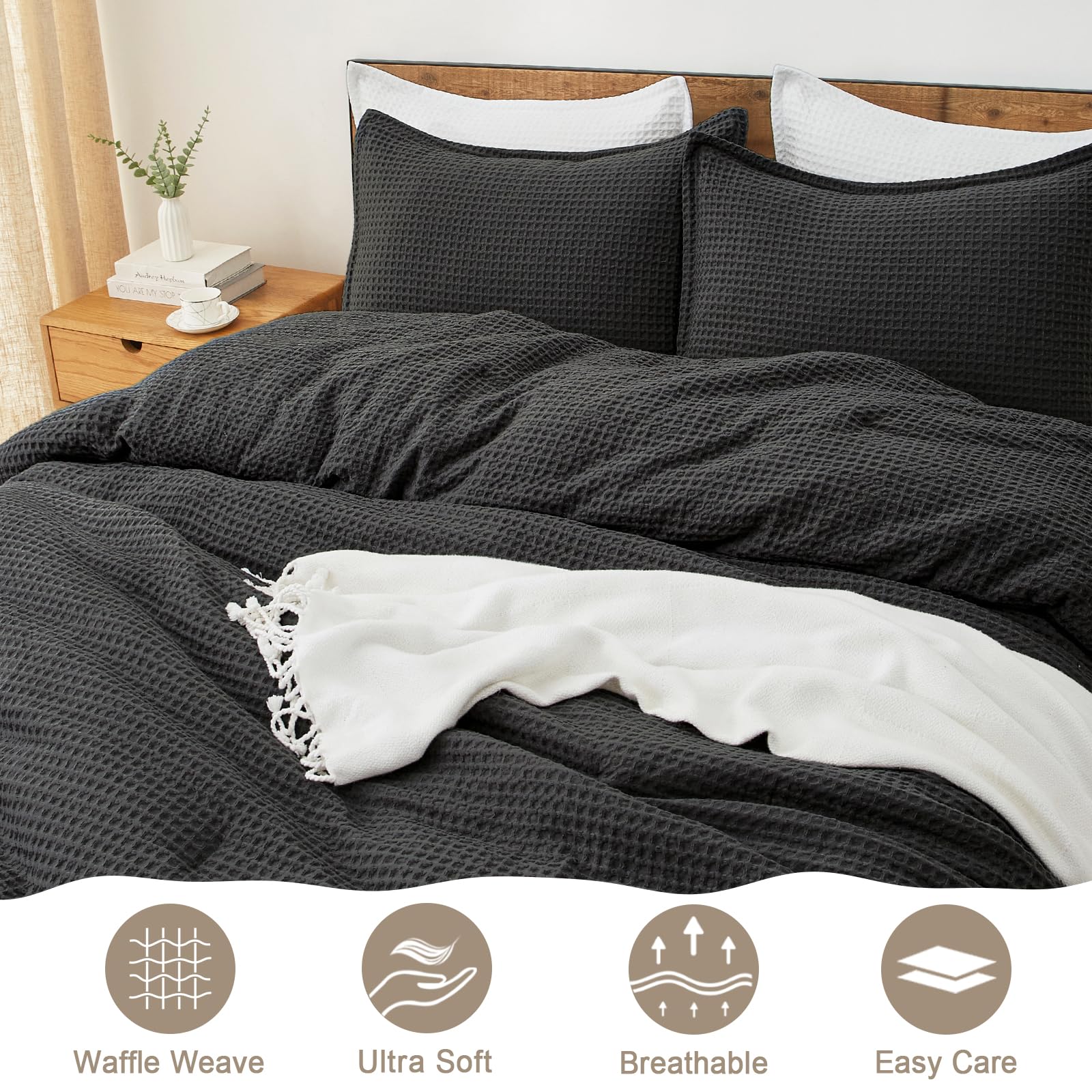 Phf 3 Pieces Waffle Weave Comforter Set Queen Size, Lightweight Breathable Comfy Bedding Set For All Season, Ultra Soft Textured