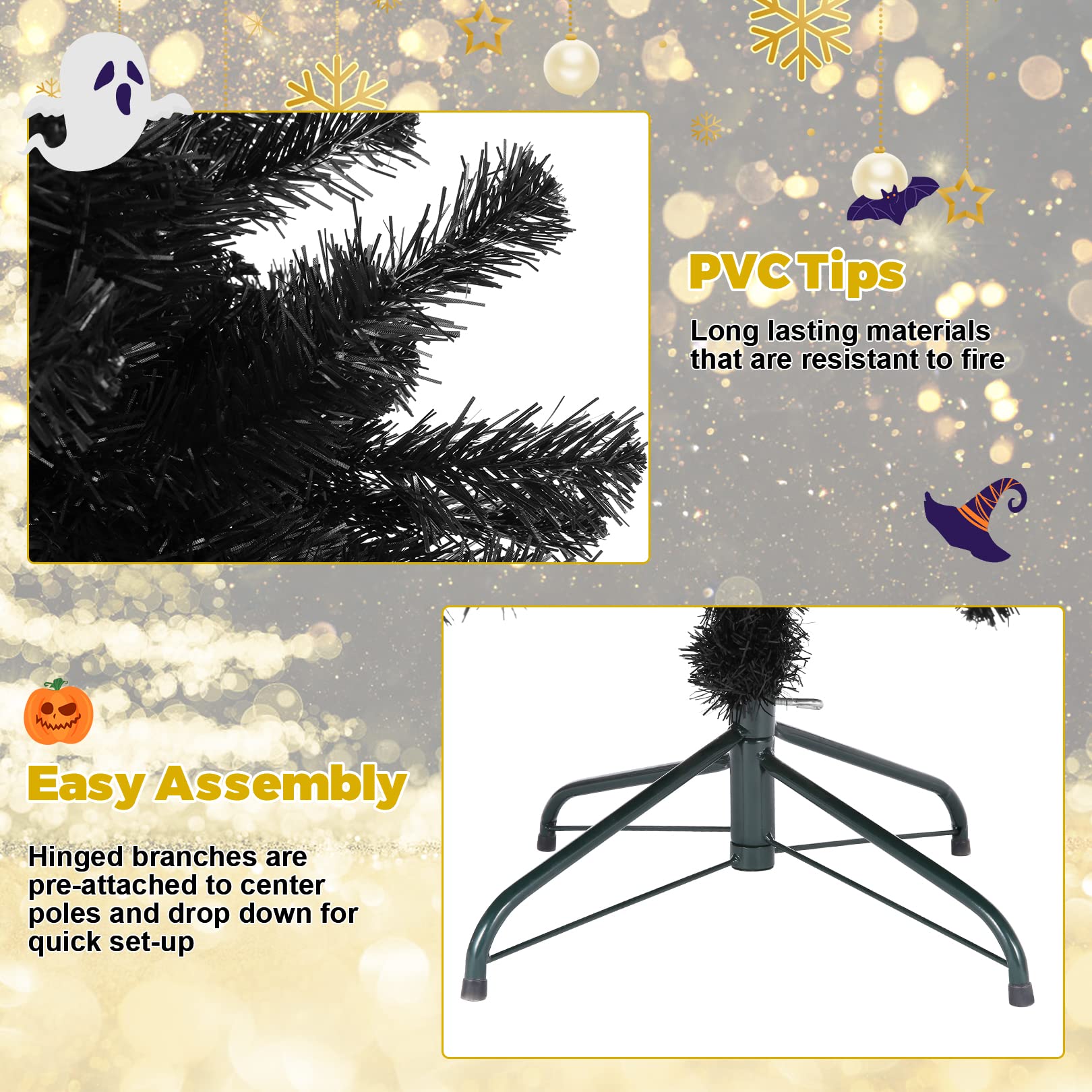 7.5Ft Black Artificial Halloween Tree, Unlit Full Holiday Christmas Tree Premium Hinged Spruce Xmas Tree With 1346 Branch Tips A