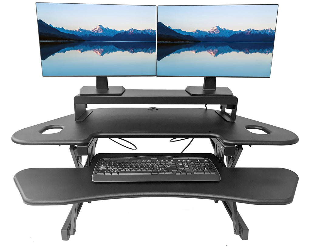 Rocelco 46" Height Adjustable Corner Standing Desk Converter with AC Outlet USB Charger and Dual Stand - Tabletop Computer Riser Workstation - Large Keyboard Tray - Black (R CADRB-46-ACUSB-DMS)