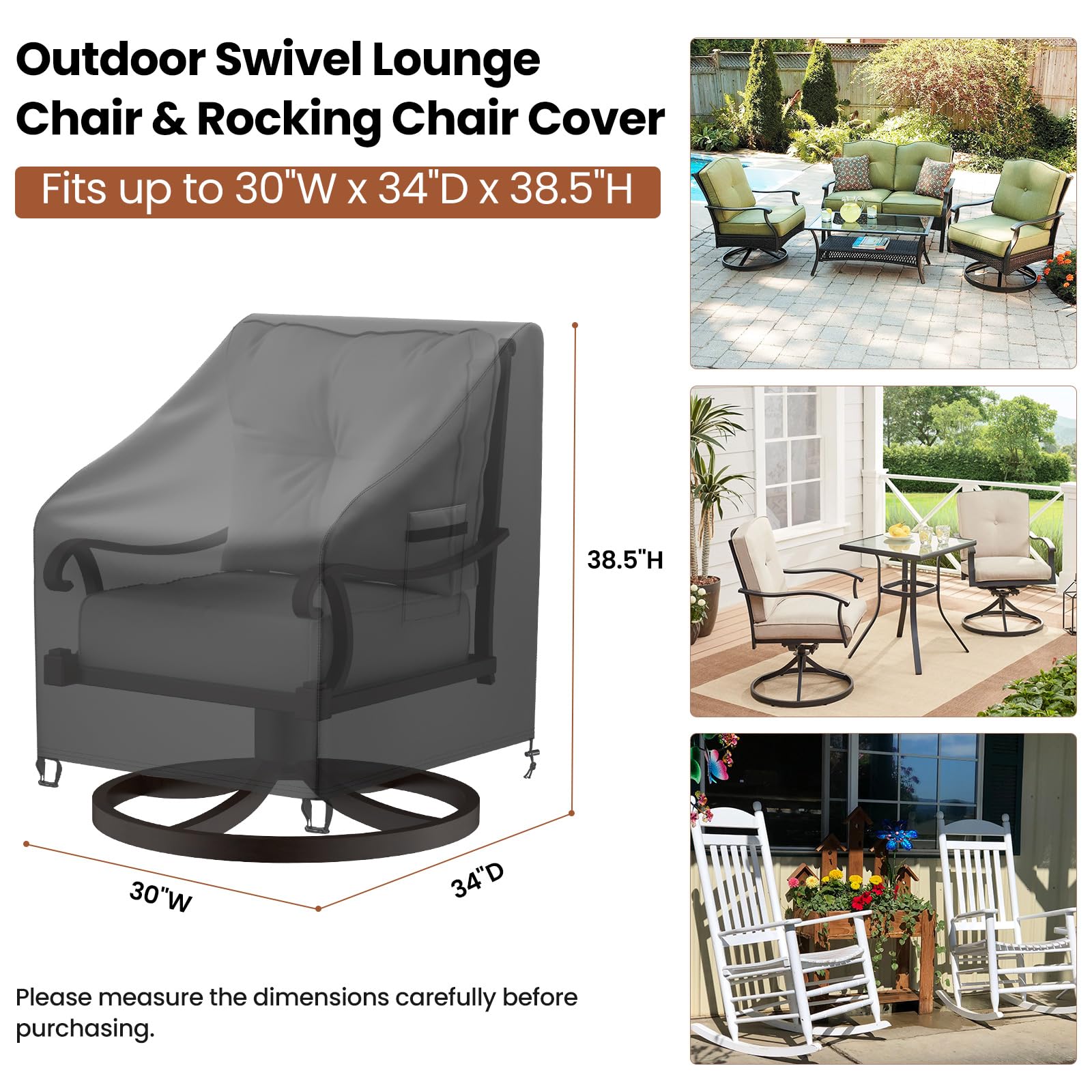 Mrrihand Patio Chair Covers, 2 Pack Outdoor Swivel Lounge Chair Cover, Heavy Duty Patio Rocking Chair Covers, Patio Furniture Covers Waterproof, 30' W×34' D×38.5' H, Black