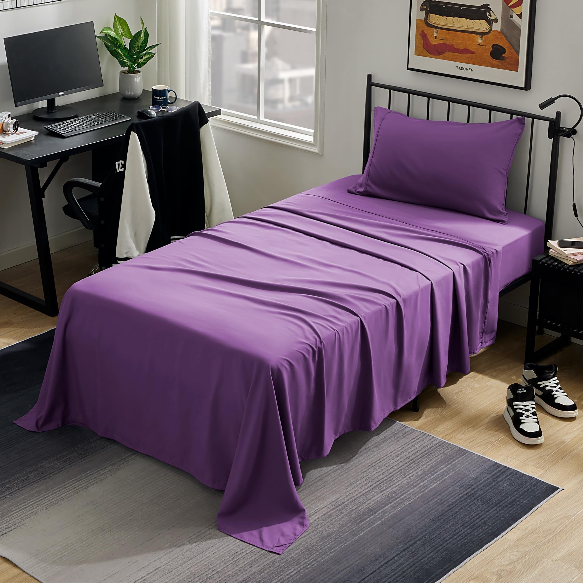 Sleep Zone Nanotex Super Soft Cooling Twin Bed Sheets Set For Kids 3 Piece - Easy Care Fitted Flat Sheet & Pillowcase Sets - Wrinkle Free, Fade Resistant, Deep Pocket 16' (Purple, Twin)