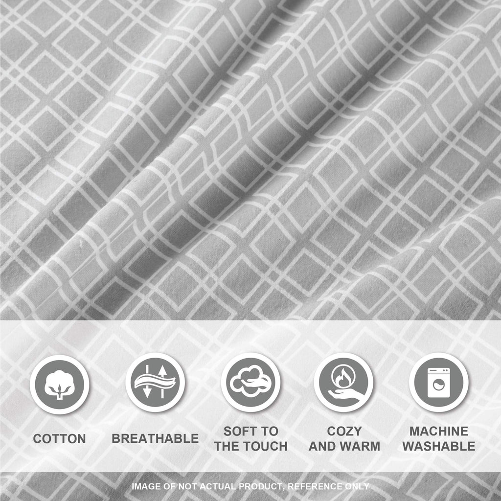 Comfort Spaces Cotton Flannel Breathable Warm Deep Pocket Sheets With Pillow Case Bedding, King, Grey Geo 4 Piece