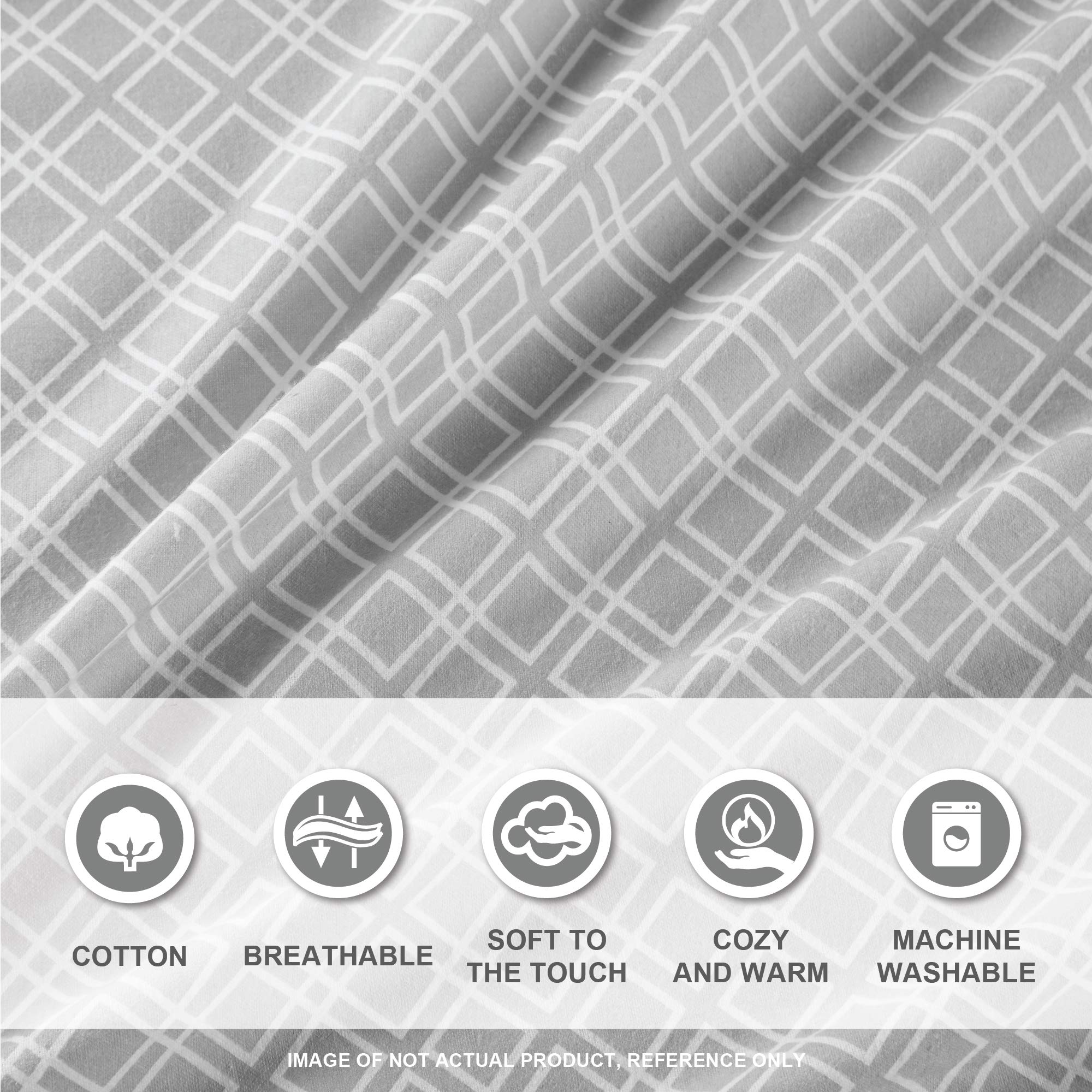 Comfort Spaces Cotton Flannel Breathable Warm Deep Pocket Sheets With Pillow Case Bedding, King, Grey Geo 4 Piece