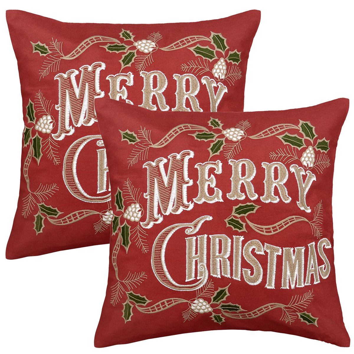Grelucgo Set Of 2 Embroidered Merry Christmas Holiday Red Throw Pillow Case Cover, Decorative Sofa Cushion Covers, Pillow Shams,