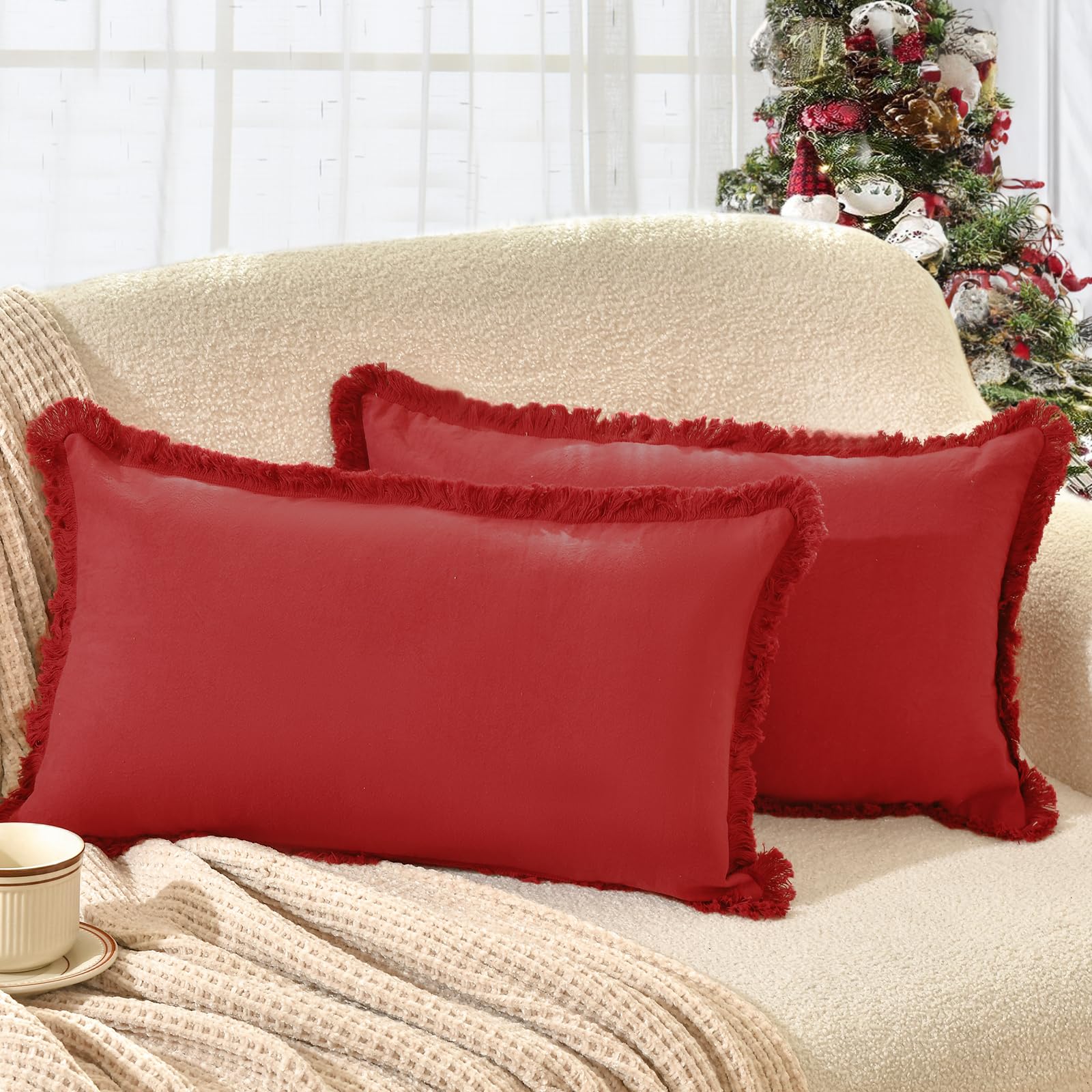 Zwjd Christmas Pillow Covers 12X20 Set Of 2 Christmas Throw Pillow Covers With Fringe Chic Cotton Christmas Decorative Pillows S