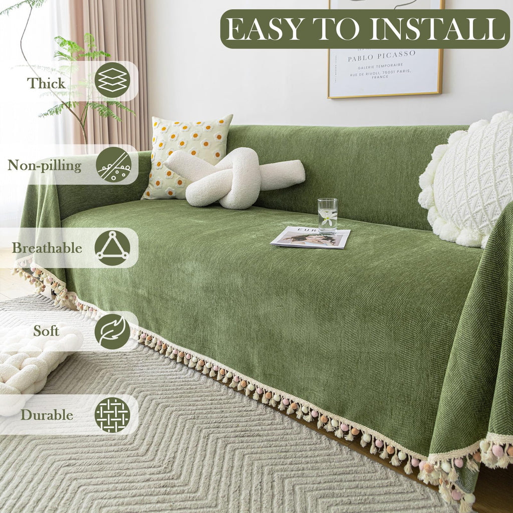 Handontime Green Sofa Cover Vintage Couch Cover For Dogs 71' X118' Couch Cushion Covers With Tassel Herringbone Sofa Cover Boho Sofa Covers For 3 Cushion Couch Chenille Soft Loveseat Sofa Covers