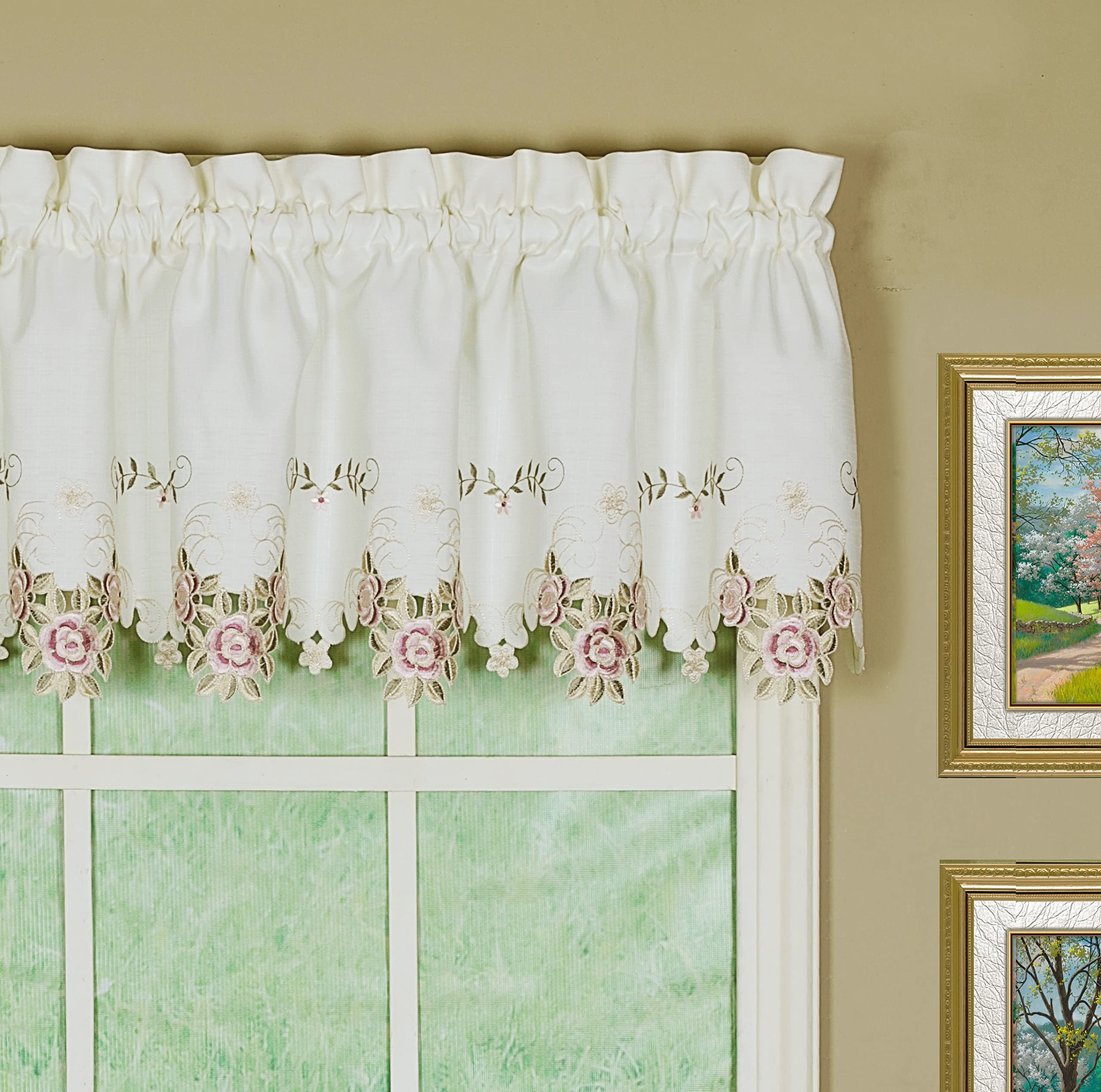 Today'S Curtain Verona Reverse Embroidery Valance, 14', Ecru/Rose