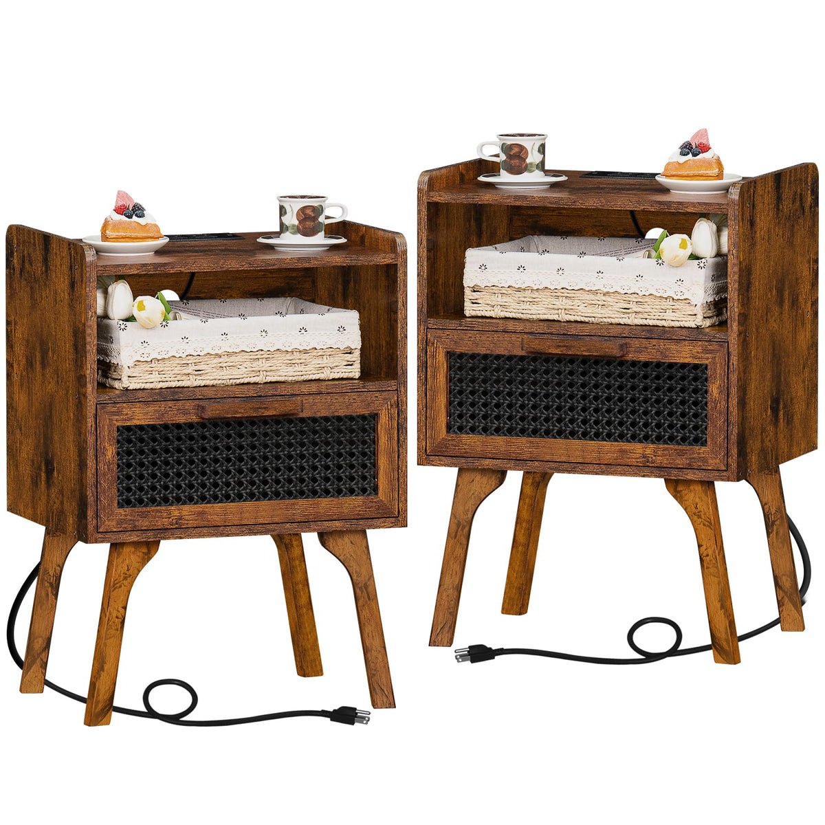 Lerliuo Rattan Nightstands Set Of 2 With Charging Station, Boho Side Table With Drawer Open Shelf, Cane Accent Bedside End Table With Solid Wood Legs For Bedroom, Dorm And Small Spaces (Brown)
