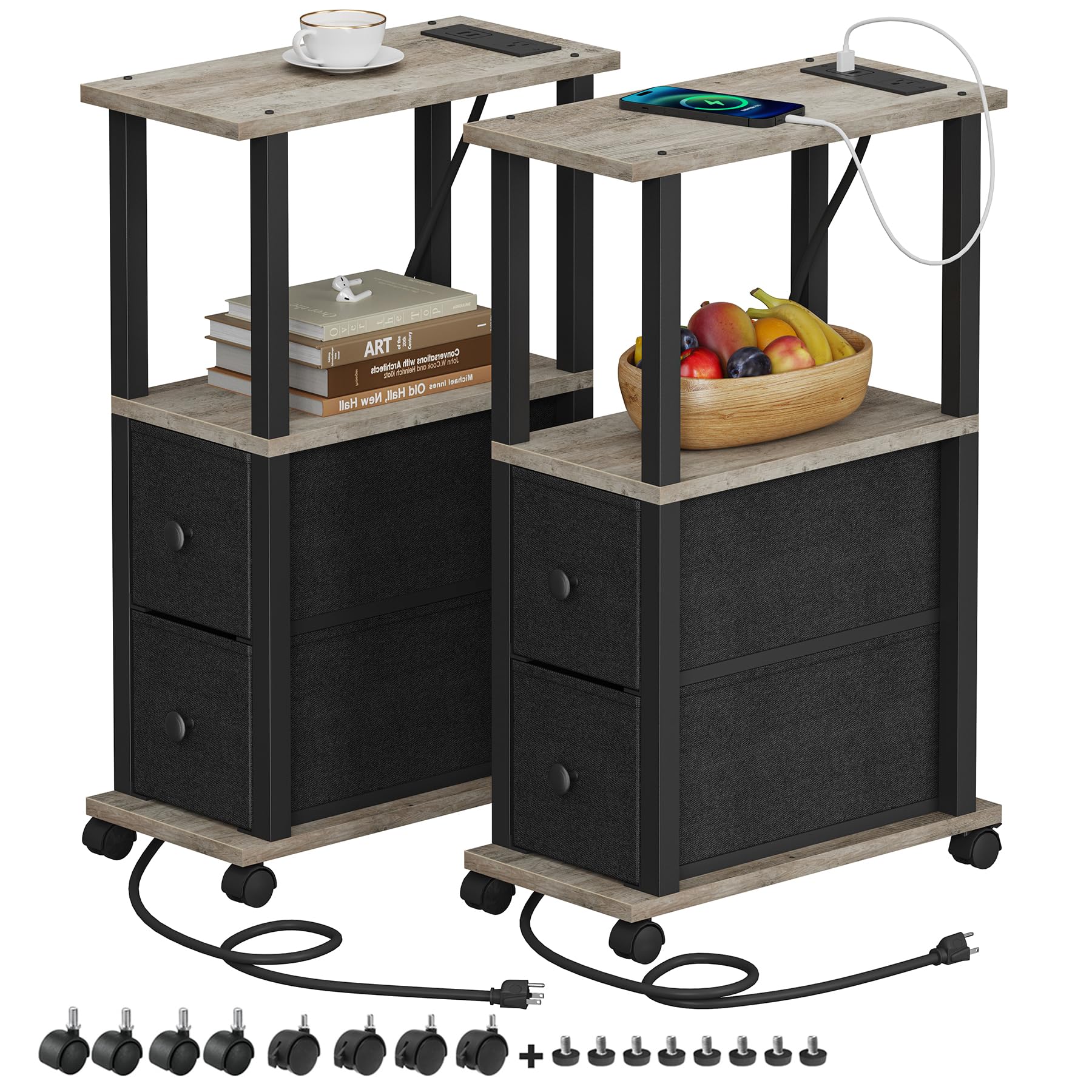 TUTOTAK Small Narrow End Tables, Side Tables with 2 Fabric Drawers, Set of 2, Bedside Tables with Charging Station for Small Spa